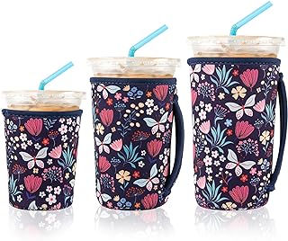 3 Reusable Iced Coffee Sleeves for Iced Coffee Cups or Drinks Reusable Neoprene Insulated Sleeves for Hot and Cold Drinks from Starbucks, Dunkin, And More (Butterfly Bush)