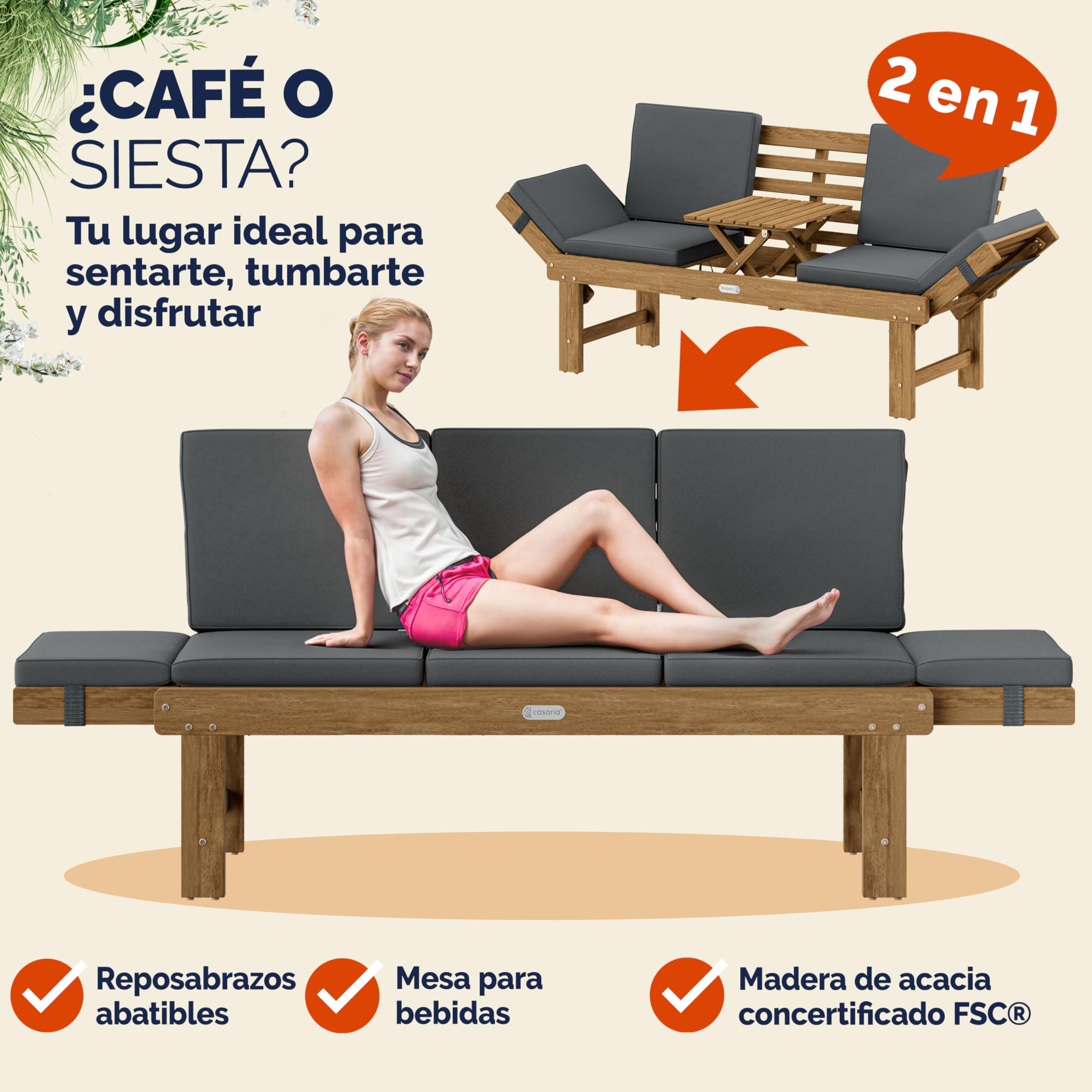 CASARIA Banco de Jardín Plegable con Mesa 200x50cm Madera de Acacia | Certificación FSC, Carga hasta 320Kg, Tumbona 200cm, Incluye Cojines, Mesa desplegable, Patio, Terraza, Resistente, Robusto