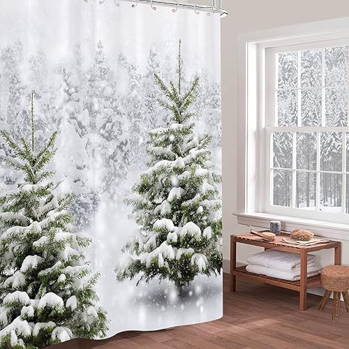 Miniatura 4 de GOOESING Cortina de ducha de árbol de Navidad, bosque de invierno, pino, copo de nieve, nevada, escena natural, cortinas de ducha para decoración de