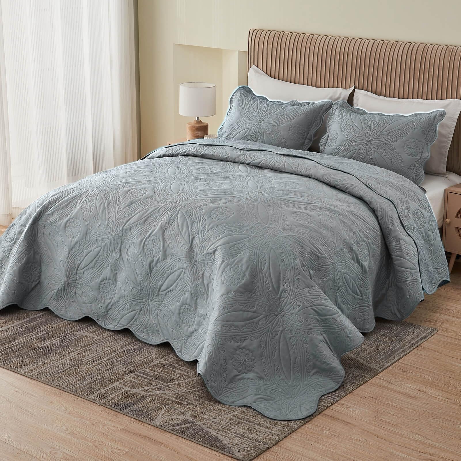 Kingnex Exta Wide Oversized King Bedspreads 128x120 for Tall King or Cal King Bed Ultrasonic Quilted Coverlet Set 3 Piece Include 1 Quilt 2 Pillowcases Grey