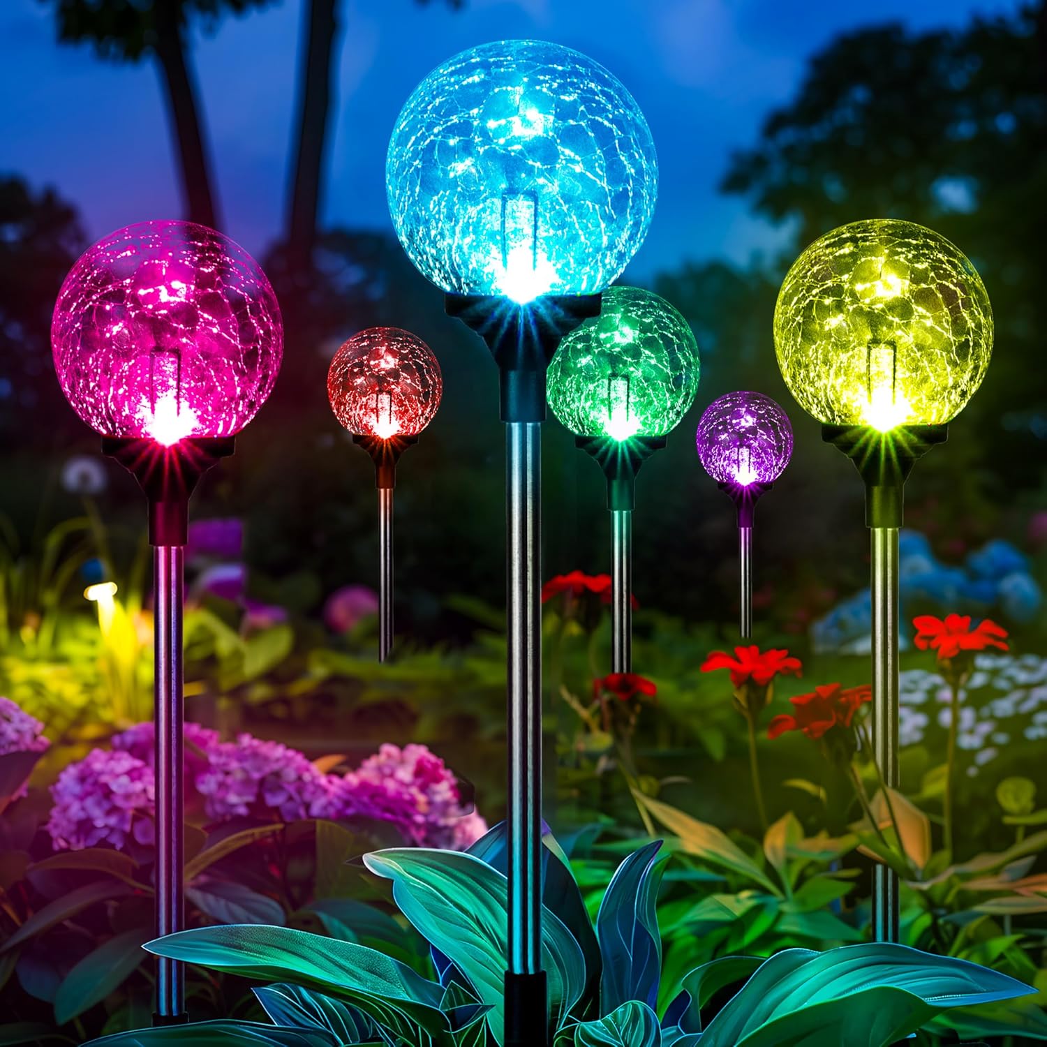 Gigalumi Solar Garden Lights 6 Pack, Solar Powered Outdoor Lighting Multi-Colored Changing Garden Globes Waterproof Cracked Glass Ball with LED Lights Decor for Yard Patio Porch Balcony Landscape 6pack