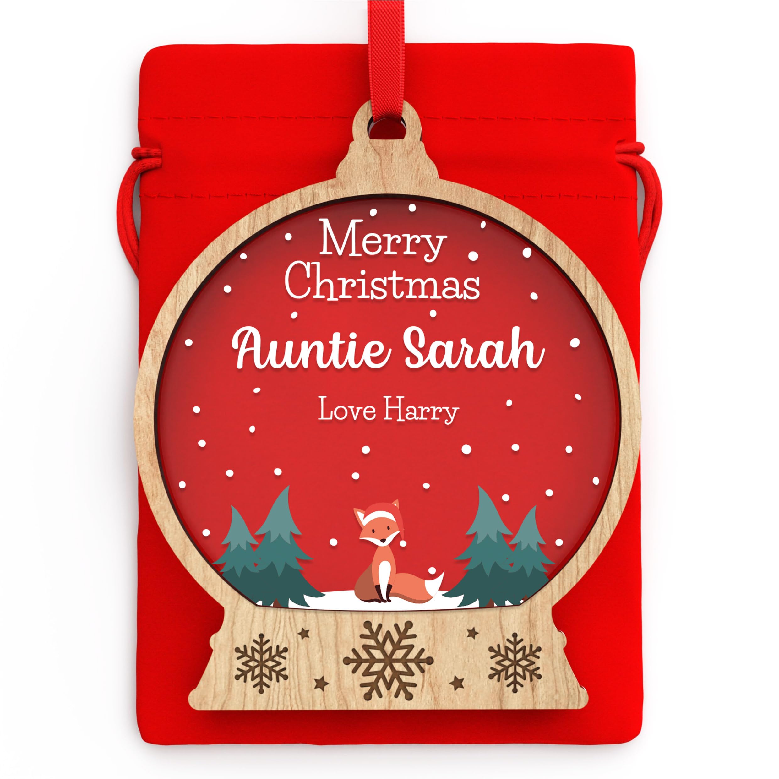 Beecreative Personalised Auntie Christmas Bauble - Auntie From Niece Nephew - Hanging Wooden Snowglobe Tree Decoration With Red Bag