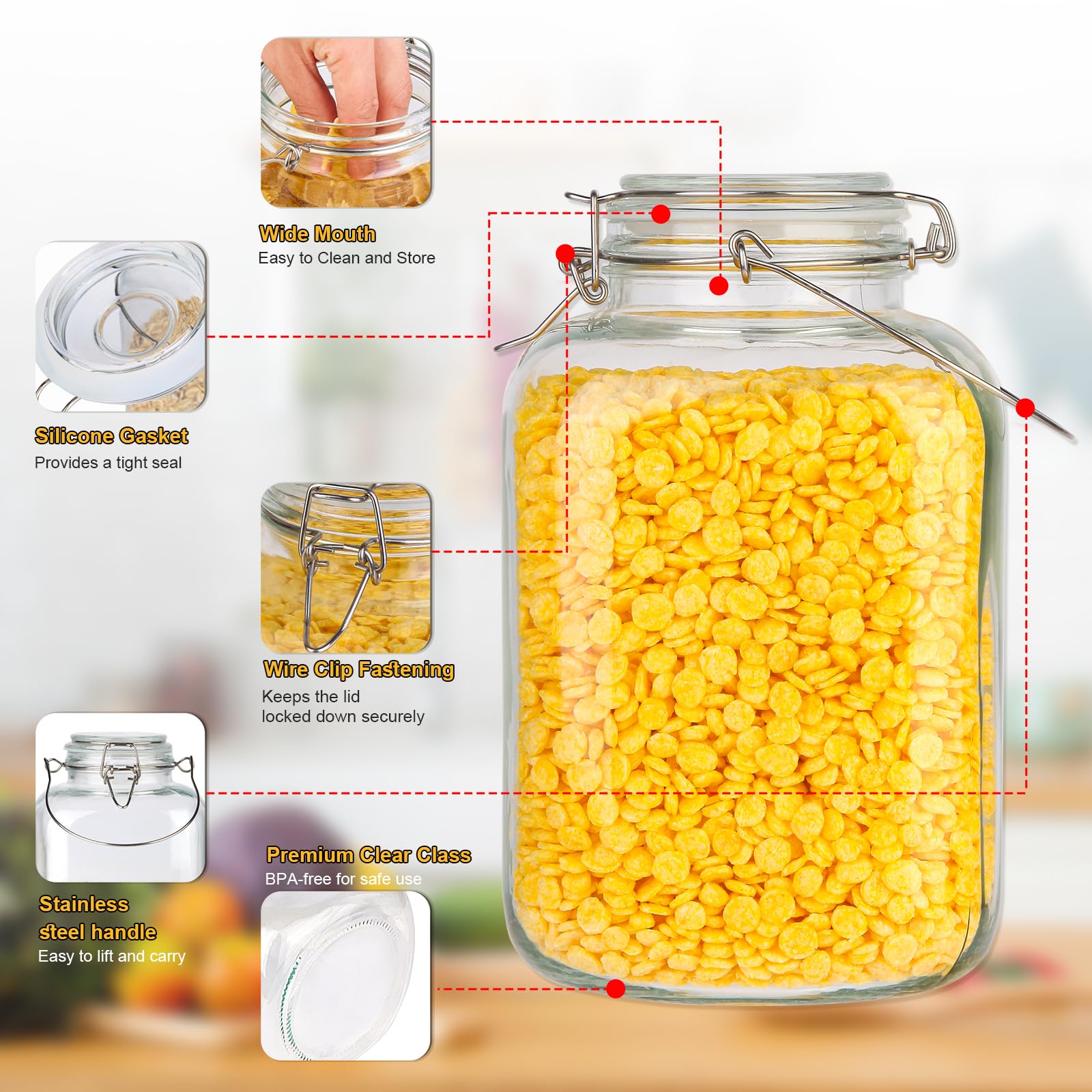 Frischhaltedosen aus Glas, luftdicht, mit Deckel, extra große Vorratsdosen aus Glas mit Griff für Mehl, Müsli, Kaffee und Einmachen, quadratische Einmachgläser mit 8 Kreidetafel-Etiketten