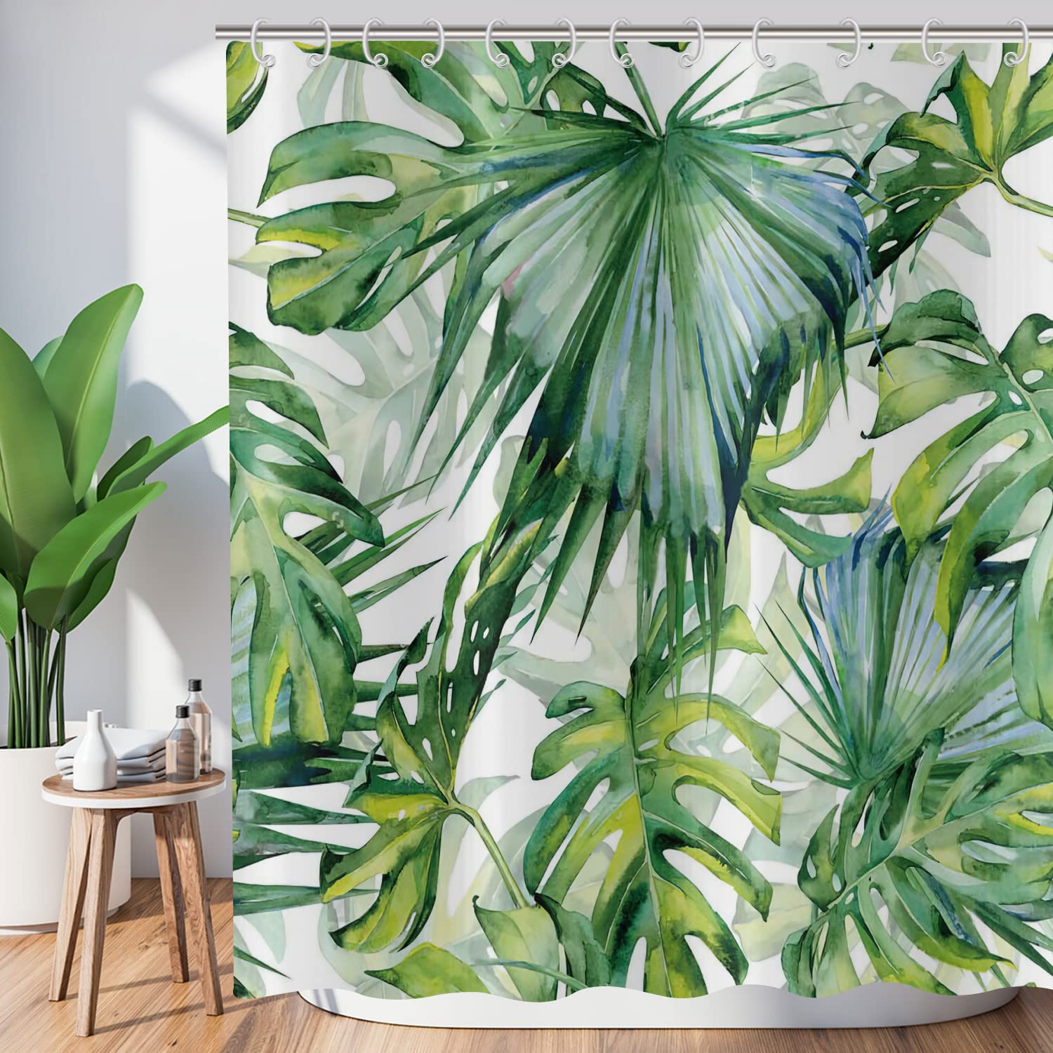 Hnmdmyi Tropical Leaf Shower Curtain 180x220, Green Palm Leaves Shower Curtains Jungle Plant Botanical Bathroom Curtains with Hooks Waterproof Polyester Fabric Washable Bath Curtains for Wet Room — image 1
