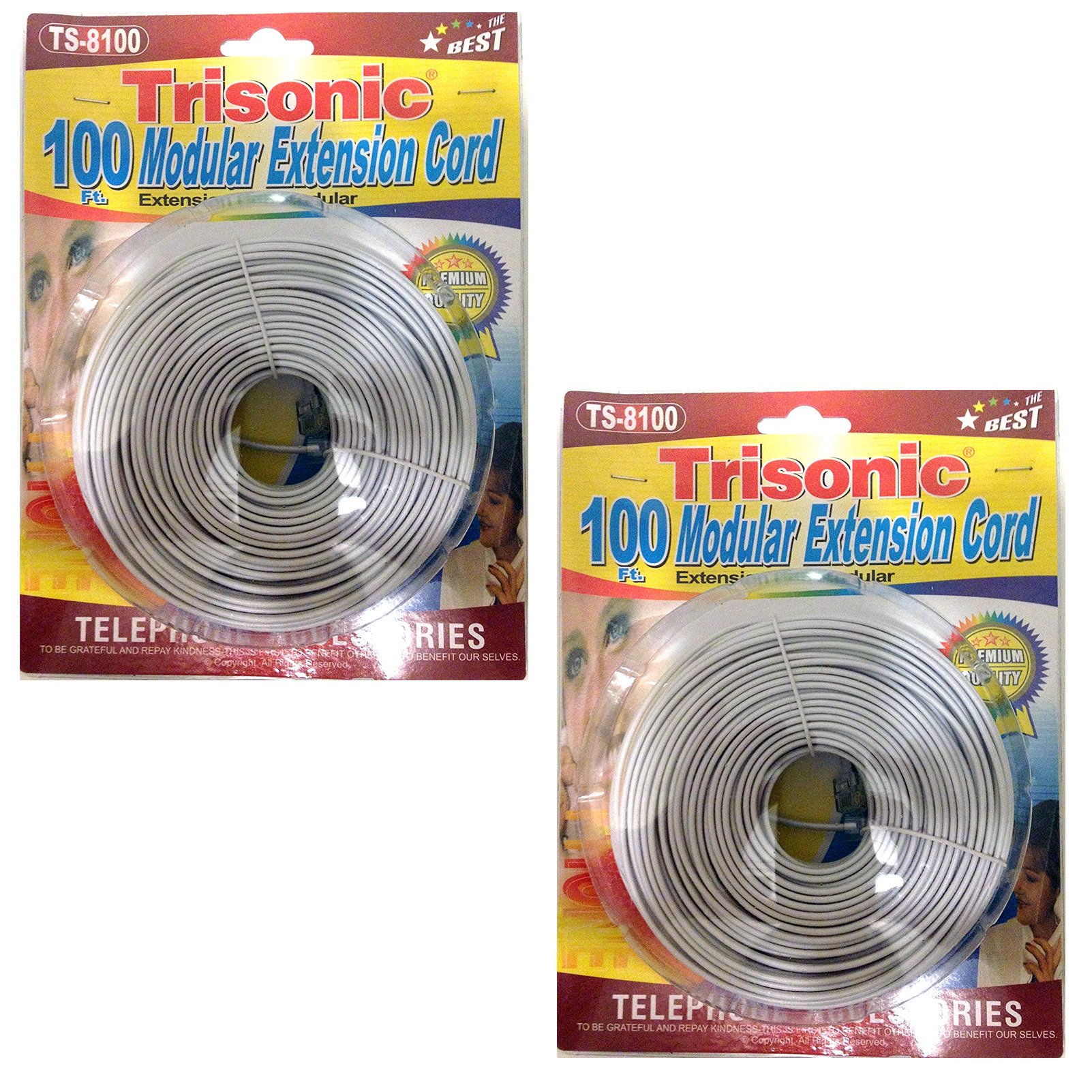 Trisonic Telephone Extension Cord Phone Cable Foot, White, 100Ft., 2-Pack-image-43