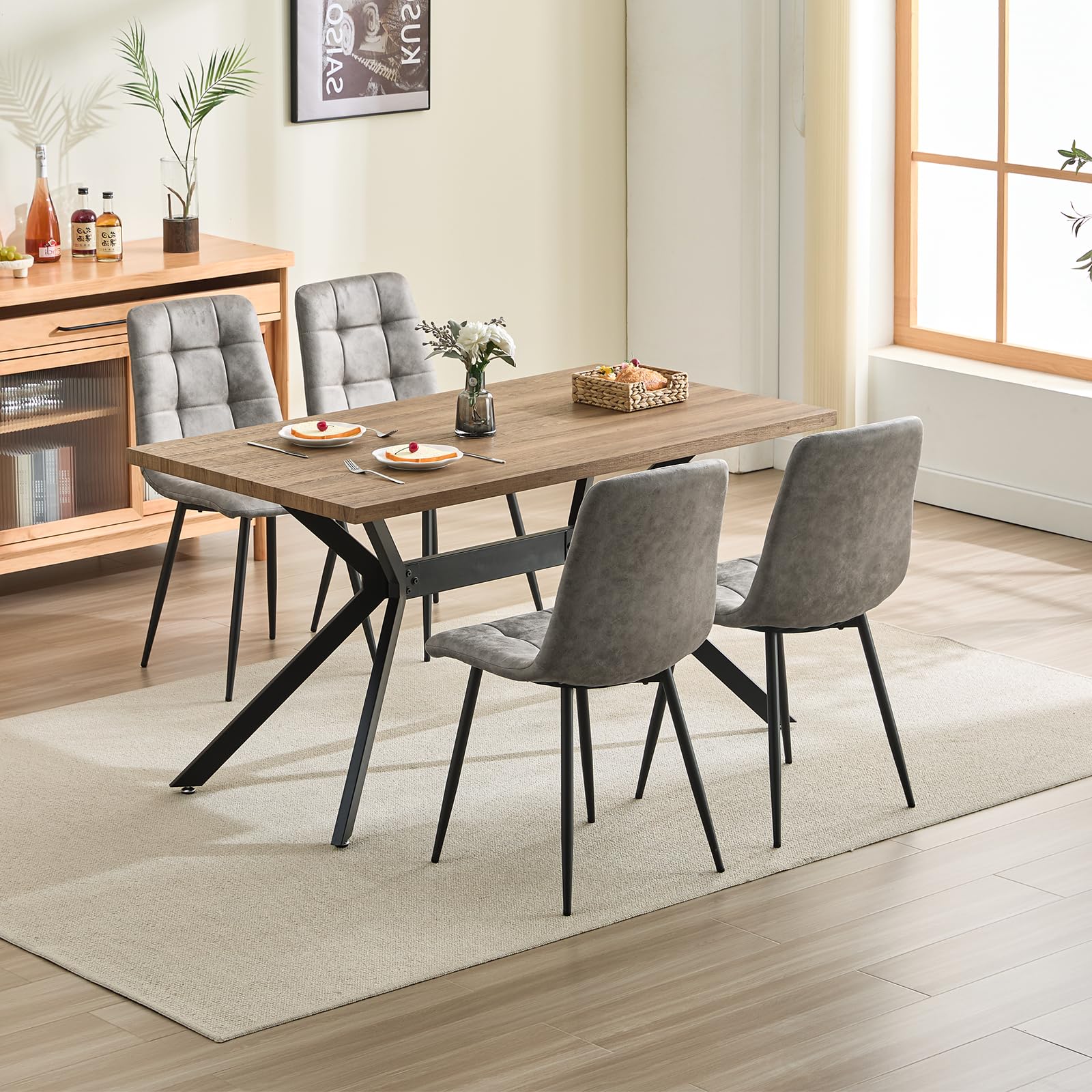 JIJIAN Set di 4 Sedie Sala da Pranzo, Sedie da Cucina in Tessuto Tecnologico, Sedie imbottite per Soggiorno con Gambe in Metallo Nero, Adatte per Sala da Pranzo, Sala d'attesa, Grigio Cachi