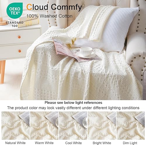 Miniatura 4 de PHF Manta de algodón 100 % de tejido gofre, tamaño individual, manta ligera de algodón lavado para primavera y verano, 66 x 90 pulgadas, manta suave