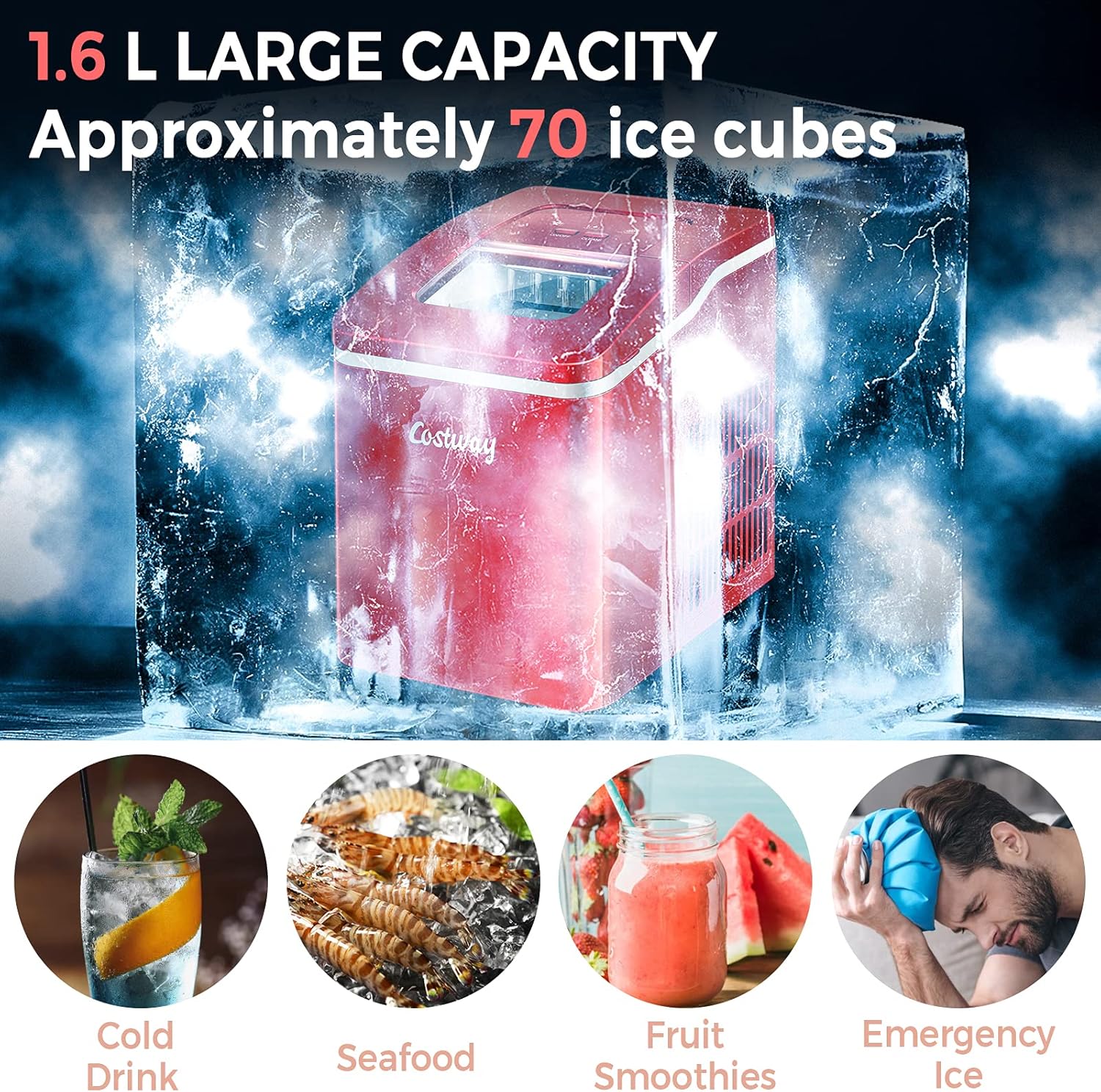 MAT Expert Countertop Nugget Ice Maker, 26LBS/24H, 9 Cubes in 8 Min, Bullet-Shaped Ice Makers, 1.6L Water Tank & 1.6L Bucket, Scoop, Self-Clean Compact Tabletop Ice Maker for Home/Bar/Office (Red)