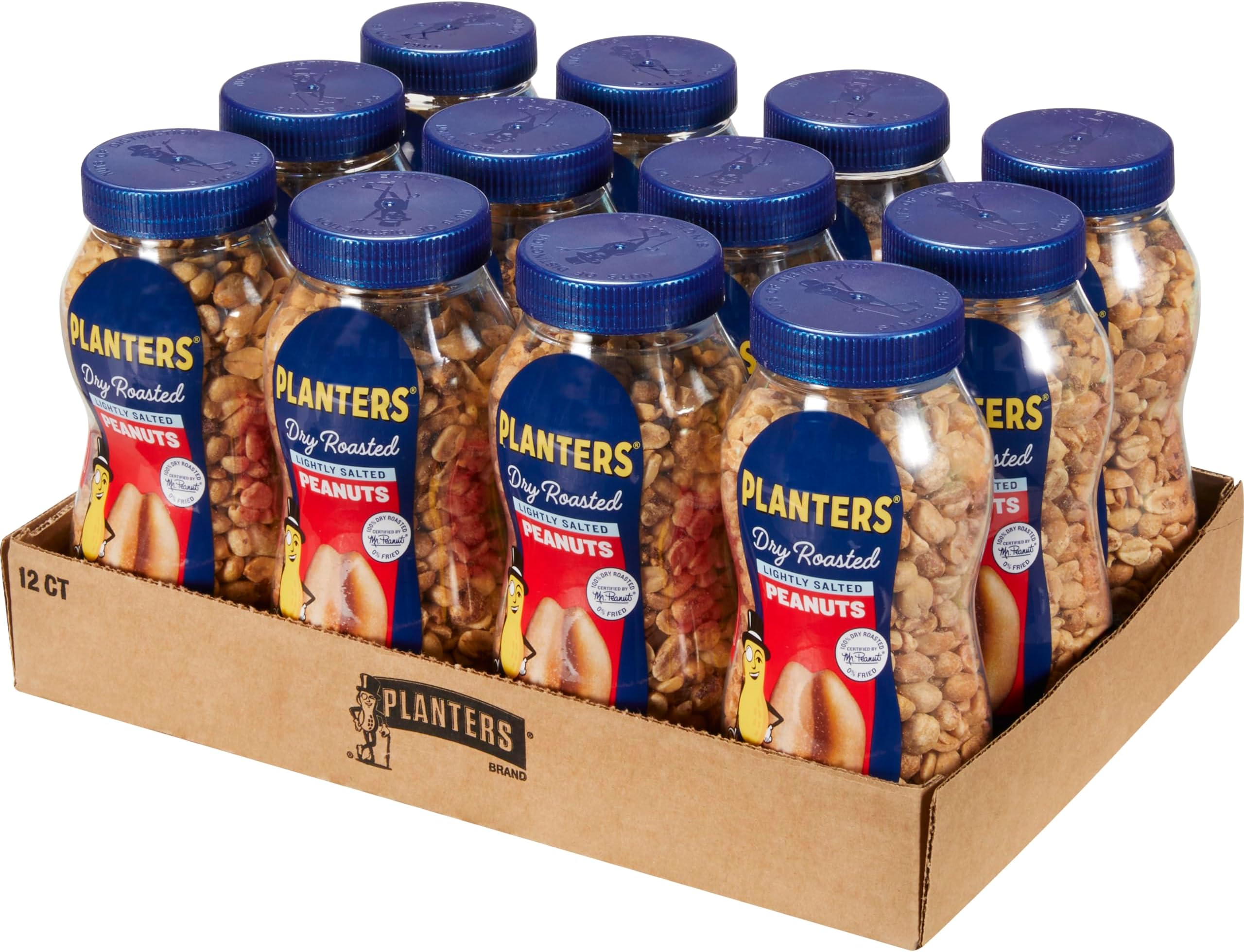 PLANTERS Peanuts, Dry Roasted Peanuts, Lightly Salted Snack Mix, Snacks for Adults - 16 oz. Jars, Pack of 12 PLANTERS Nuts