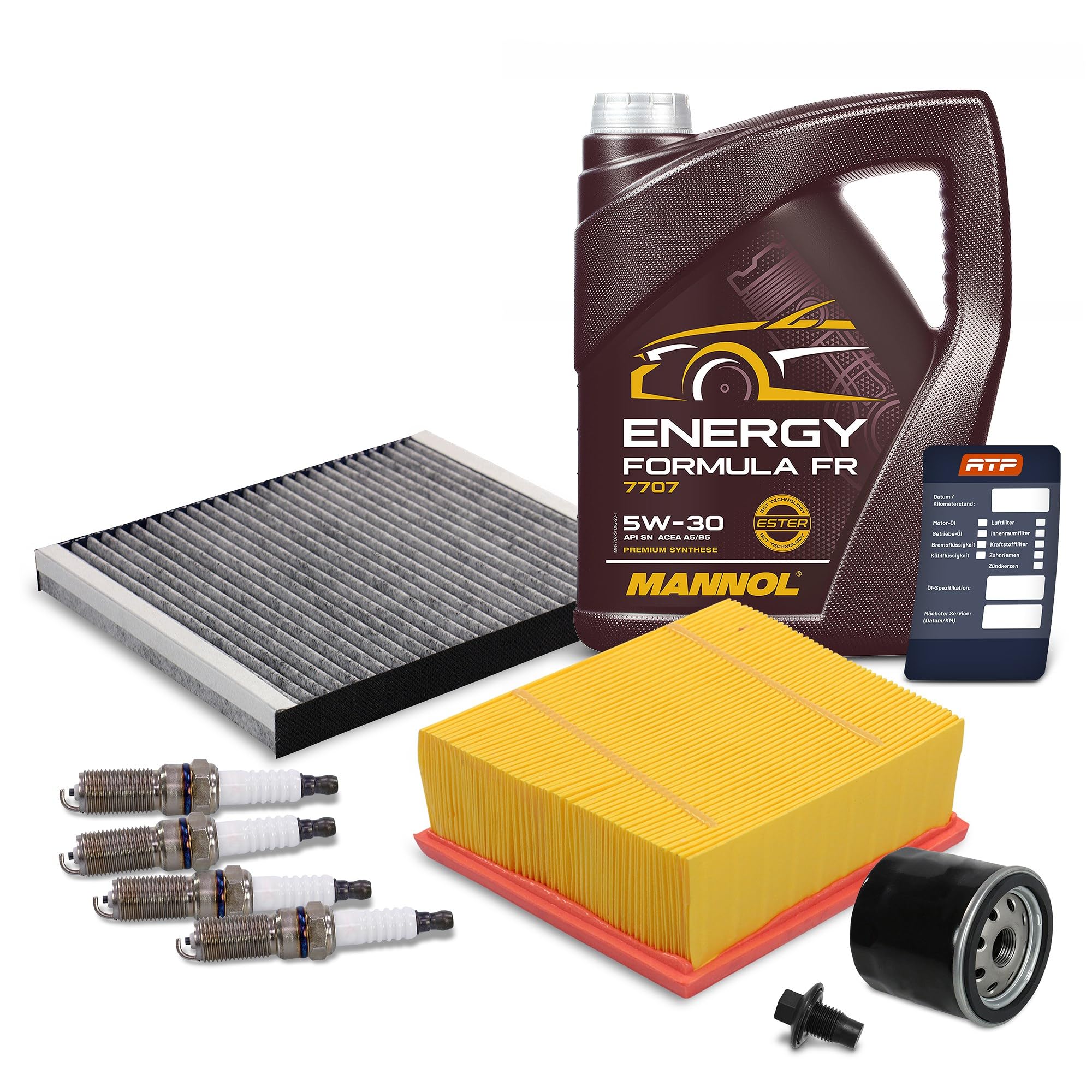 BESTPRICE Inspektionspaket Filterset mit 1x Innenraumfilter, 1x Luftfilter, 4x Zündkerze, 1x Motoröl 5W-30 5 l Kompatibel mit FORD B-MAX (JK) ECOSPORT, FIESTA 6 Mk6 (CB1, CCN) KA+ III (UK, TK, FK)