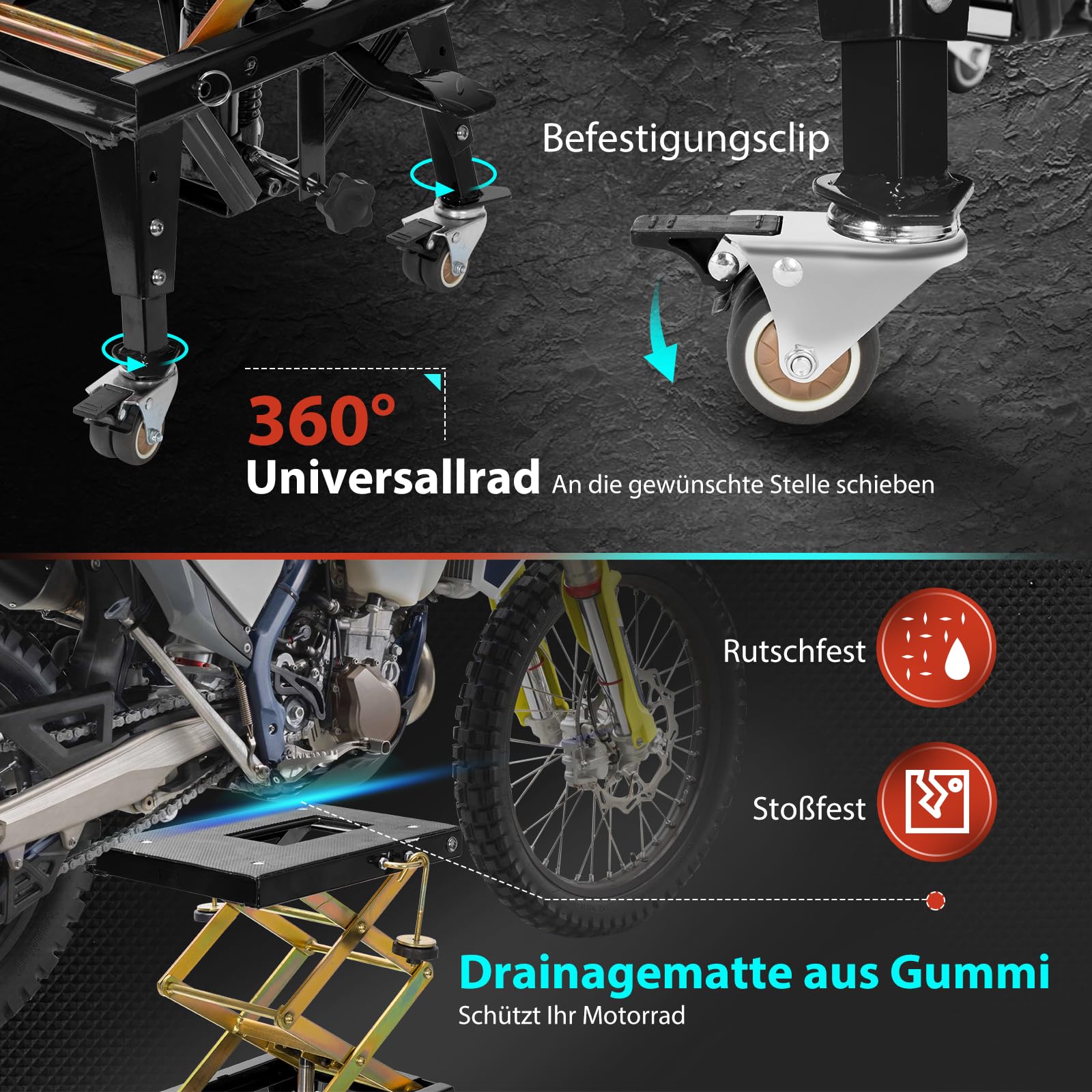 VIVOHOME Hydraulischer Motorrad-Wagenheber Motorradhebebühne bis zu 160kg mit Fußbetätigung ATV Dirtbike Scherenständer mit 4 Rädern
