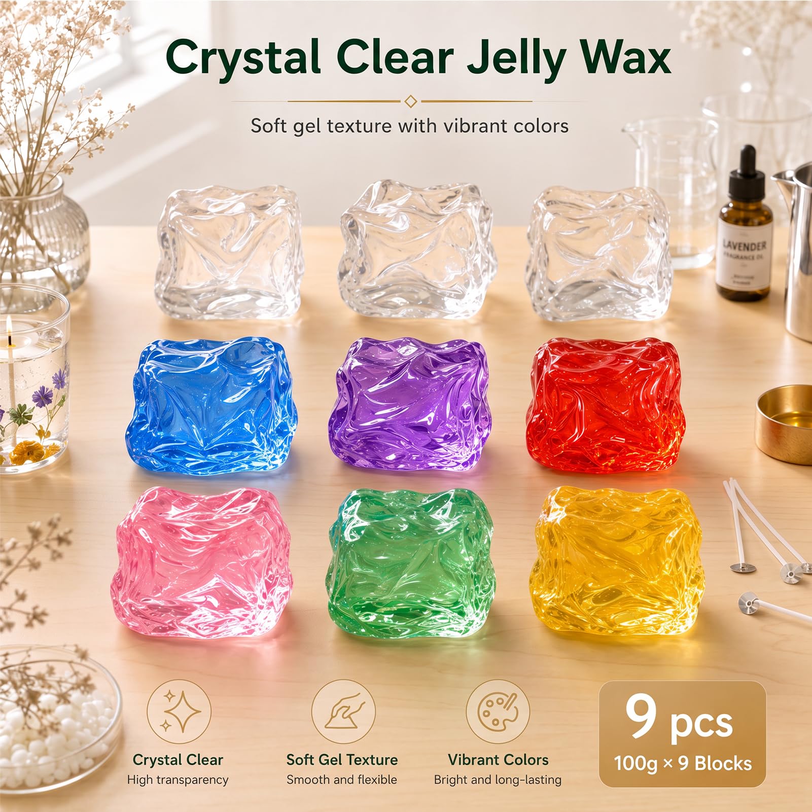Kit de fabrication de bougies en gelée,9pcs Gel Wax -7 Colors Candle Making Kit，Includes Wax Wicks Wick Stickers，Wooden Wick Holders and More，DIY Starter Candle Making Kit 2.8LB/45oz