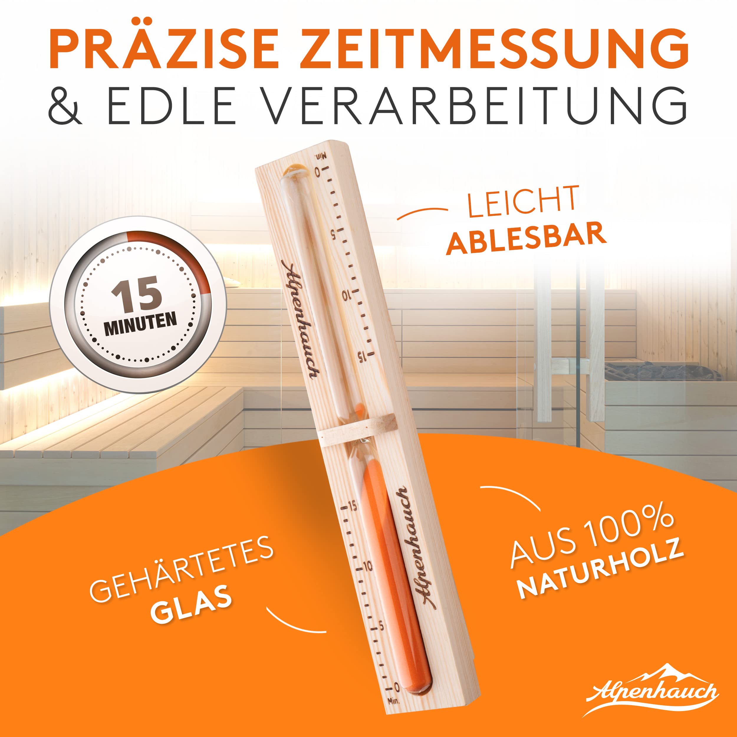 ALPENHAUCH Reloj de arena para sauna de 15 minutos de madera 100% natural, elegante reloj de sauna con arena ultra fina, reloj de sauna giratorio 360°, de madera para sauna y accesorios de montaje