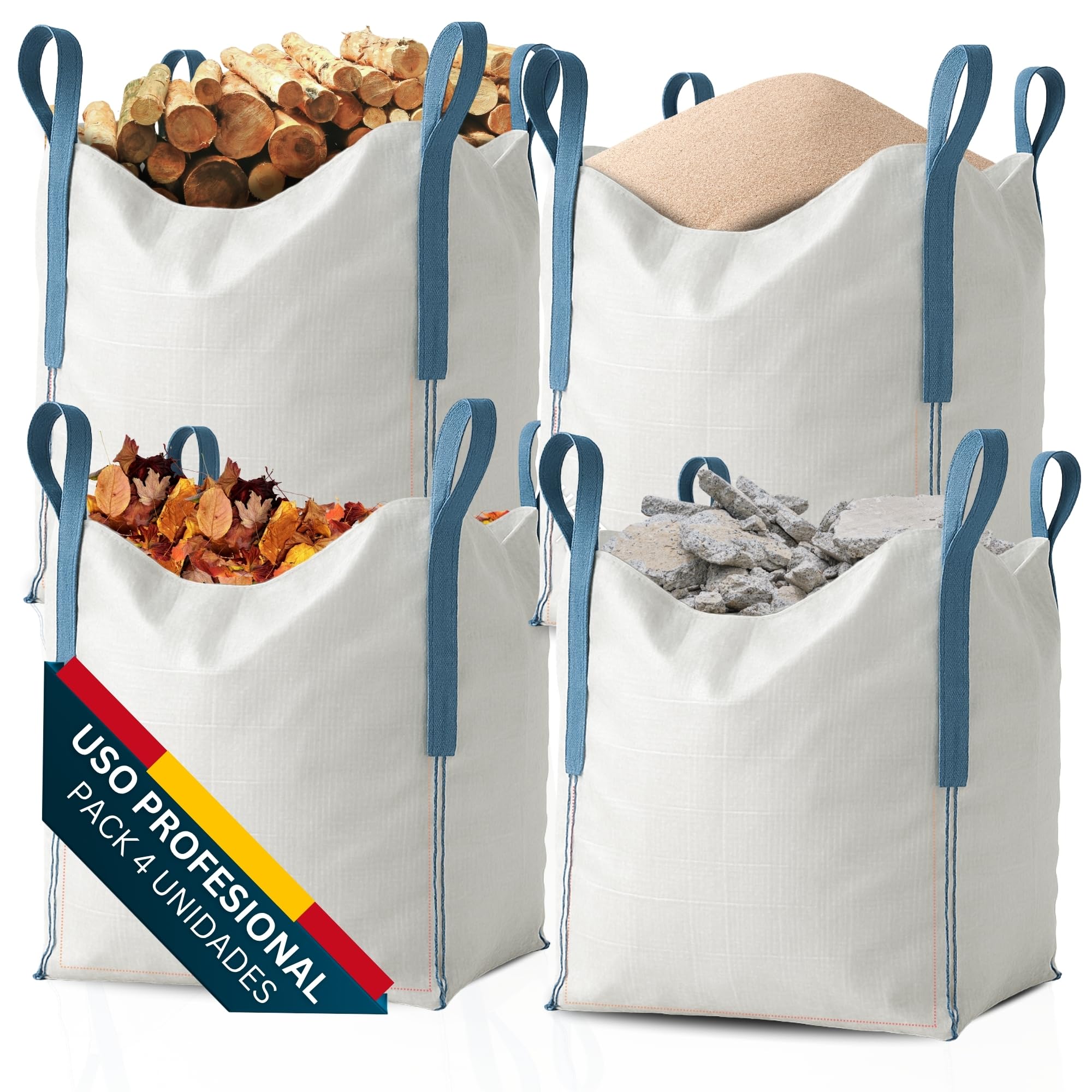 [x4 Sacos] Saco Big Bag 1000kg | Sacos Escombros Obra 80x80x90 cm | Big Bags Resistentes y Reutilizables para Jardín, Arena, Grava, Leña y Sacas 1000kg para Reparto