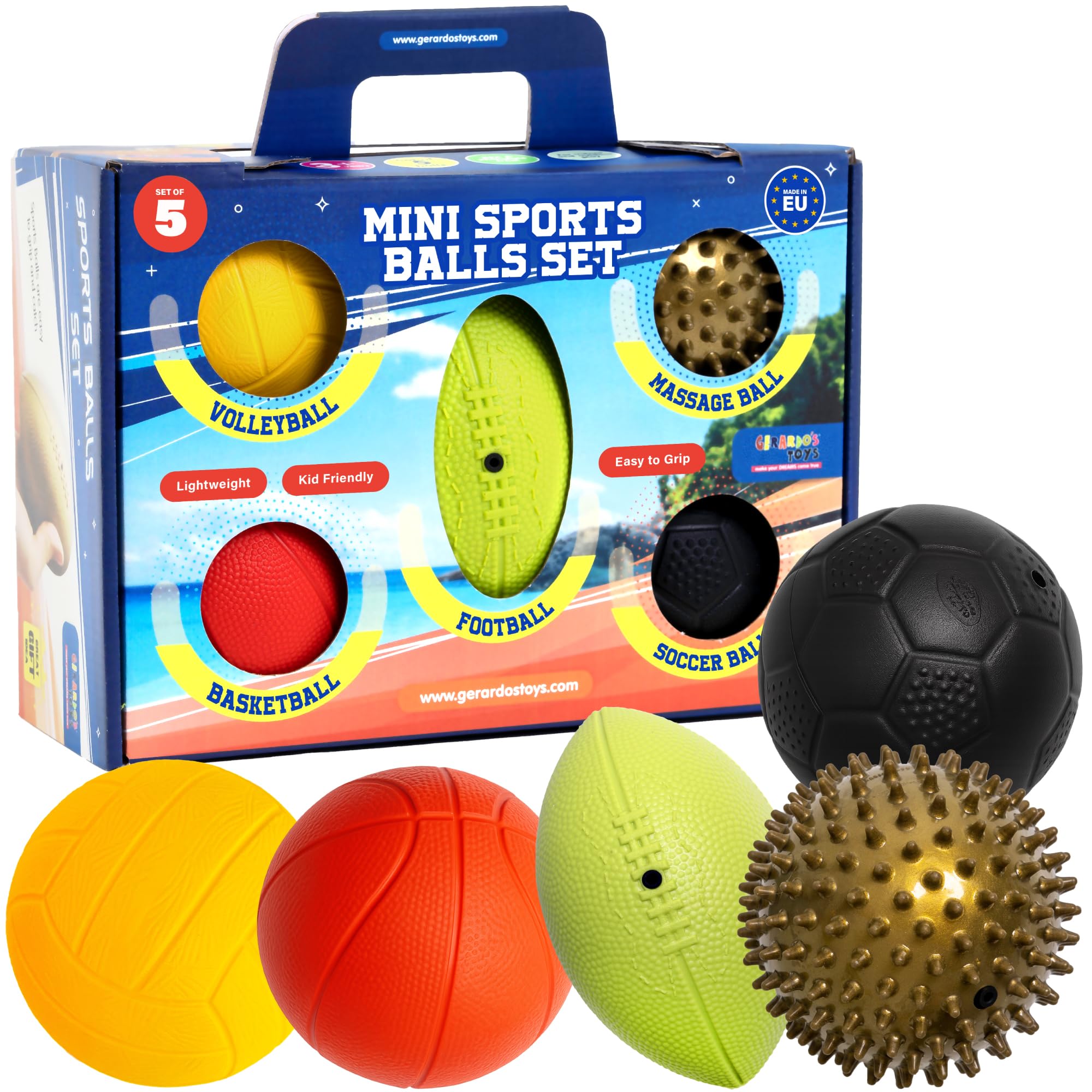 GERARDO'S Toys Lot de 5 Petites balles de Sport différentes – Balle de Massage, Mini Basketball, Mini Football, Ballon de Rugby et Ballon de Volley-Ball, sans BPA et sans phtalates