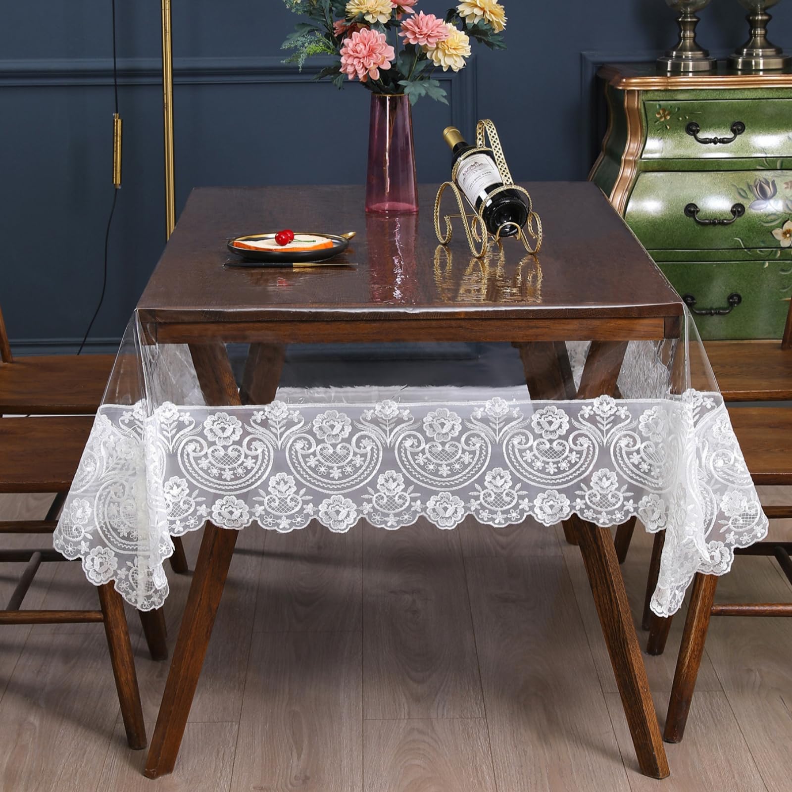 Clear Plastic Rectangle Tablecloth Vinyl Waterproof Table Cloth Embroidered Lace Edge Transparent Table Cover for Dining Kitchen Outdoor(60 x 86 inch,