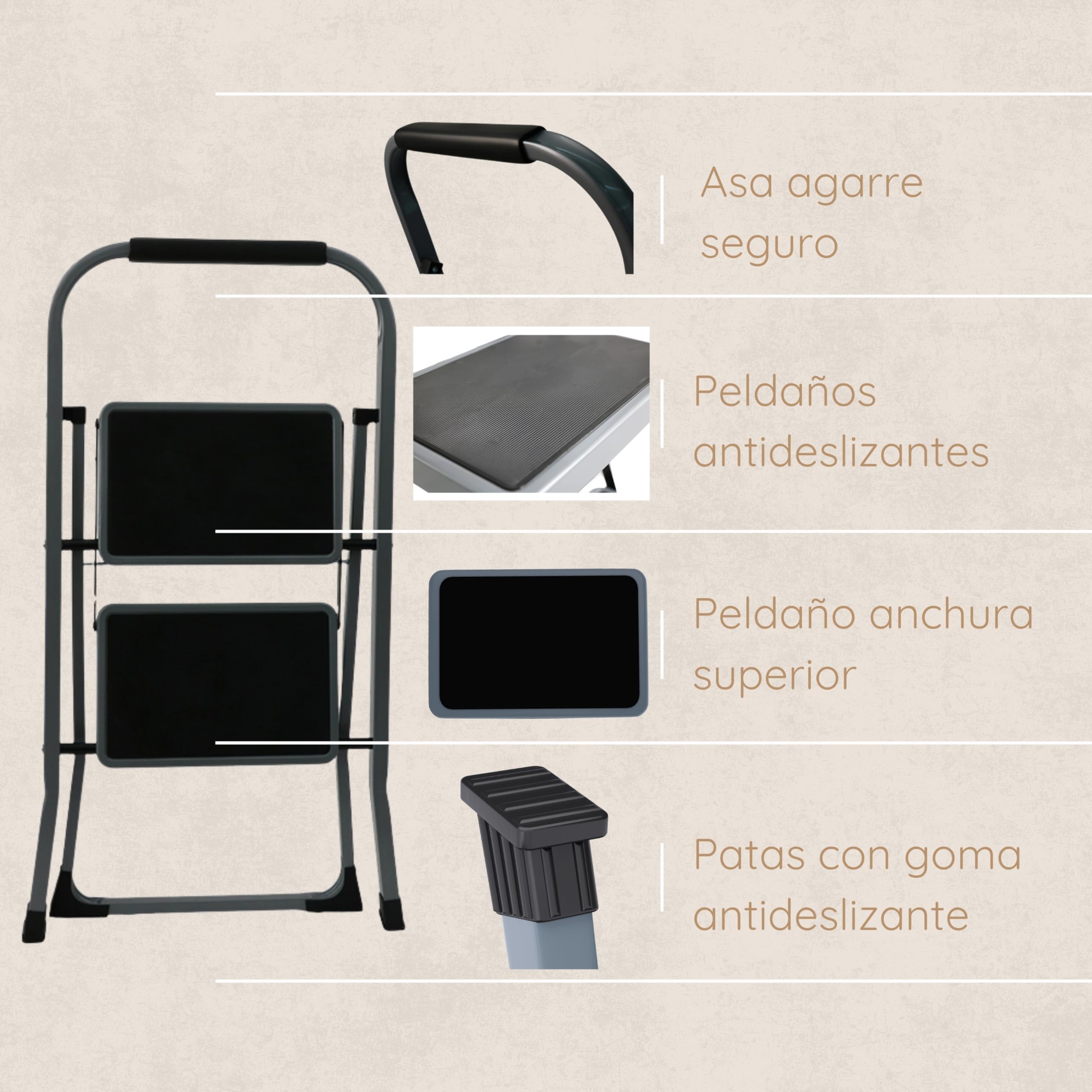 Escalera Plegable de Aluminio para hogar y Cocina, 2 peldaños, Gris, peldaños Anchos Antideslizantes, asa de Agarre cómodo, EN 131