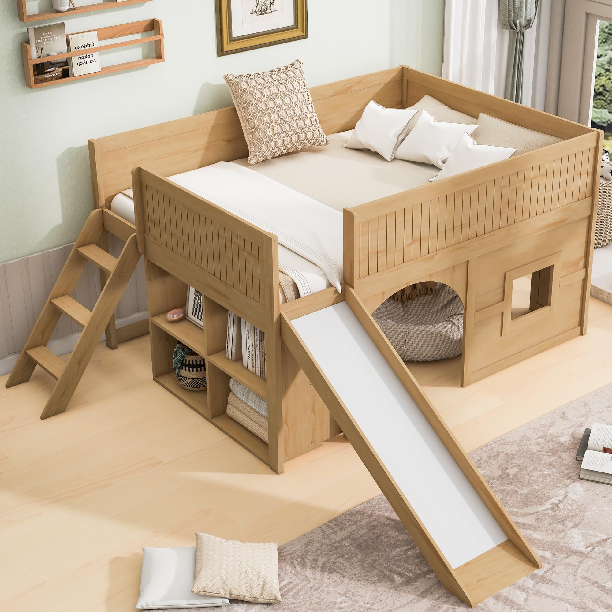 Photo 1 of *** MISSING BOX TWO ***GDFStudio Full Size Low Loft Bed with Slide and Storage Shelves, Wooden Loft Bed Frame with Door and Window, Playful Design, Space Saving Platform Bed Frame for Bedroom, No Box Spring Needed, Natural
