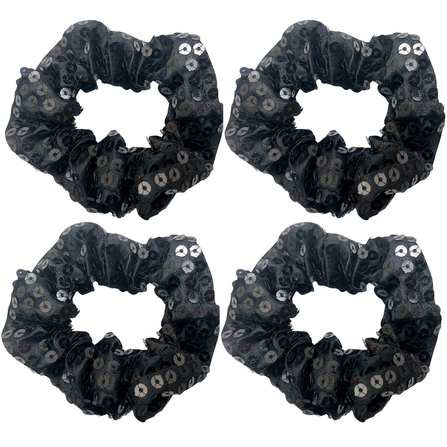 4 Pack Black or Gold Tone Sequins Hair Scrunchies Satin Fabric Scrunchy Bobbles Elastic Hair Ties Bands Hair Accessories for Women Girls (Black)