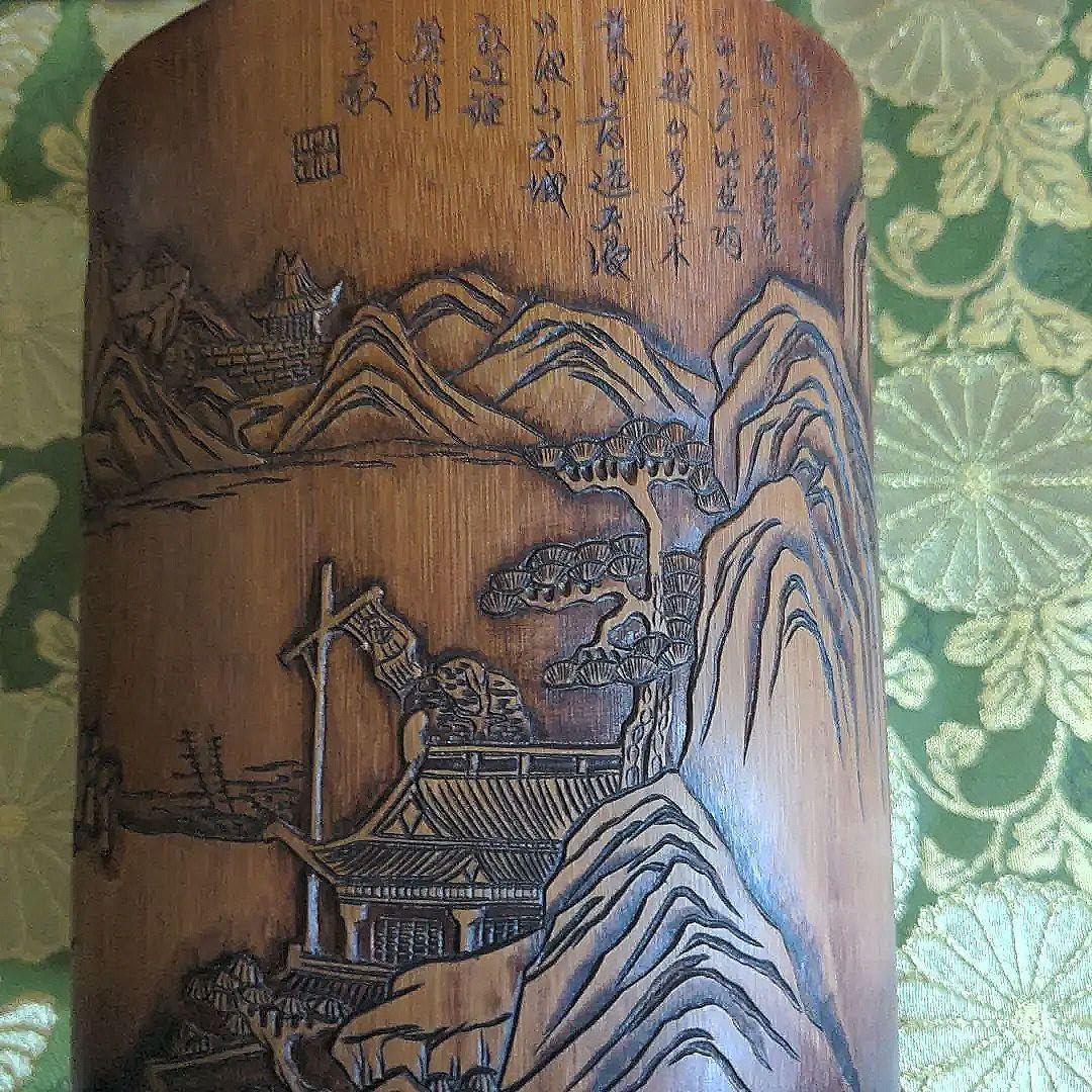 中国美術 木彫刻 松下人物紋 筆筒 高10cm 文房四宝 中国美術 木彫刻