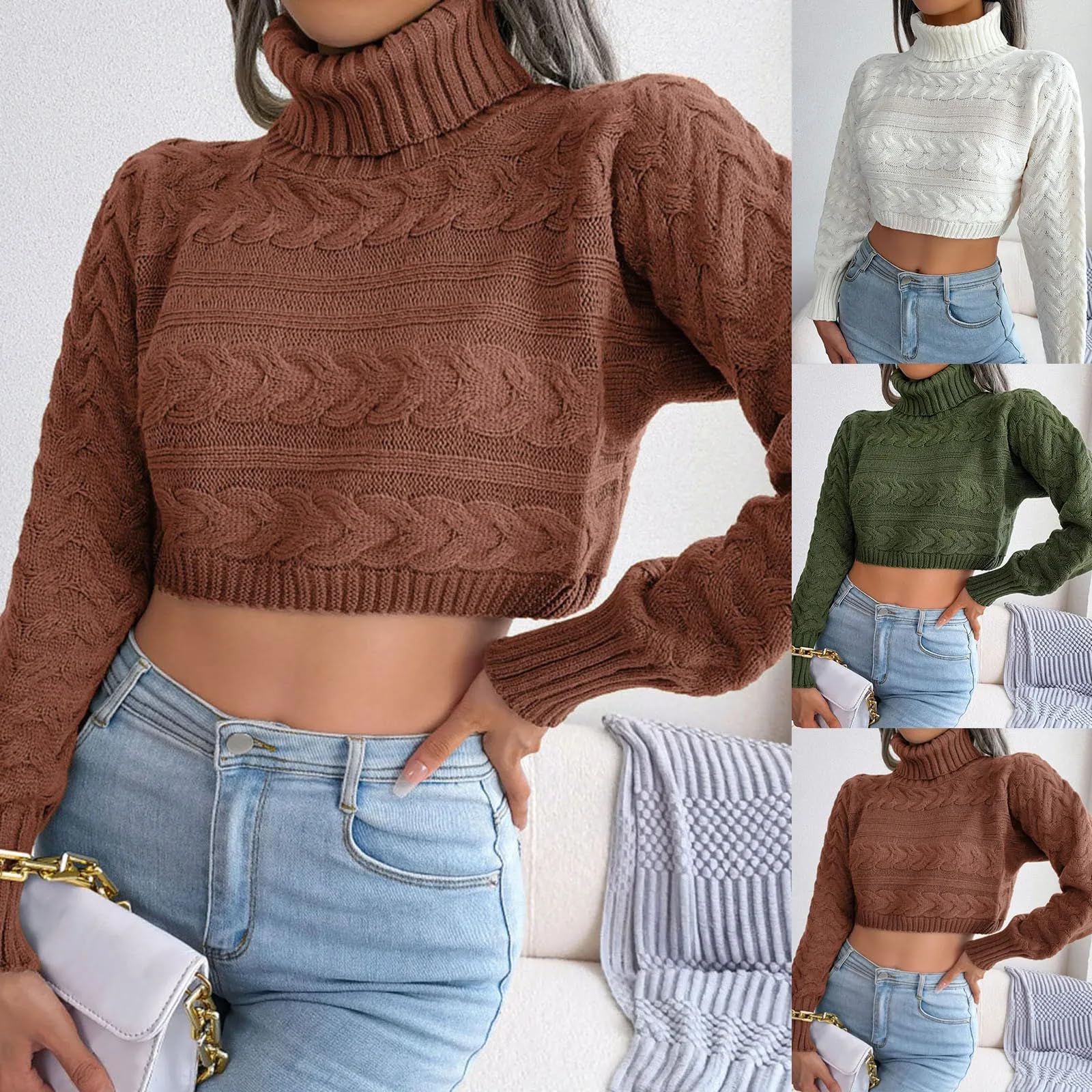 TEidea Pullover Damen Damenpullover Rollkragenpullover Langärmelig Gestrickter Kurzpullover Für Frauen-EIN Grüner-M