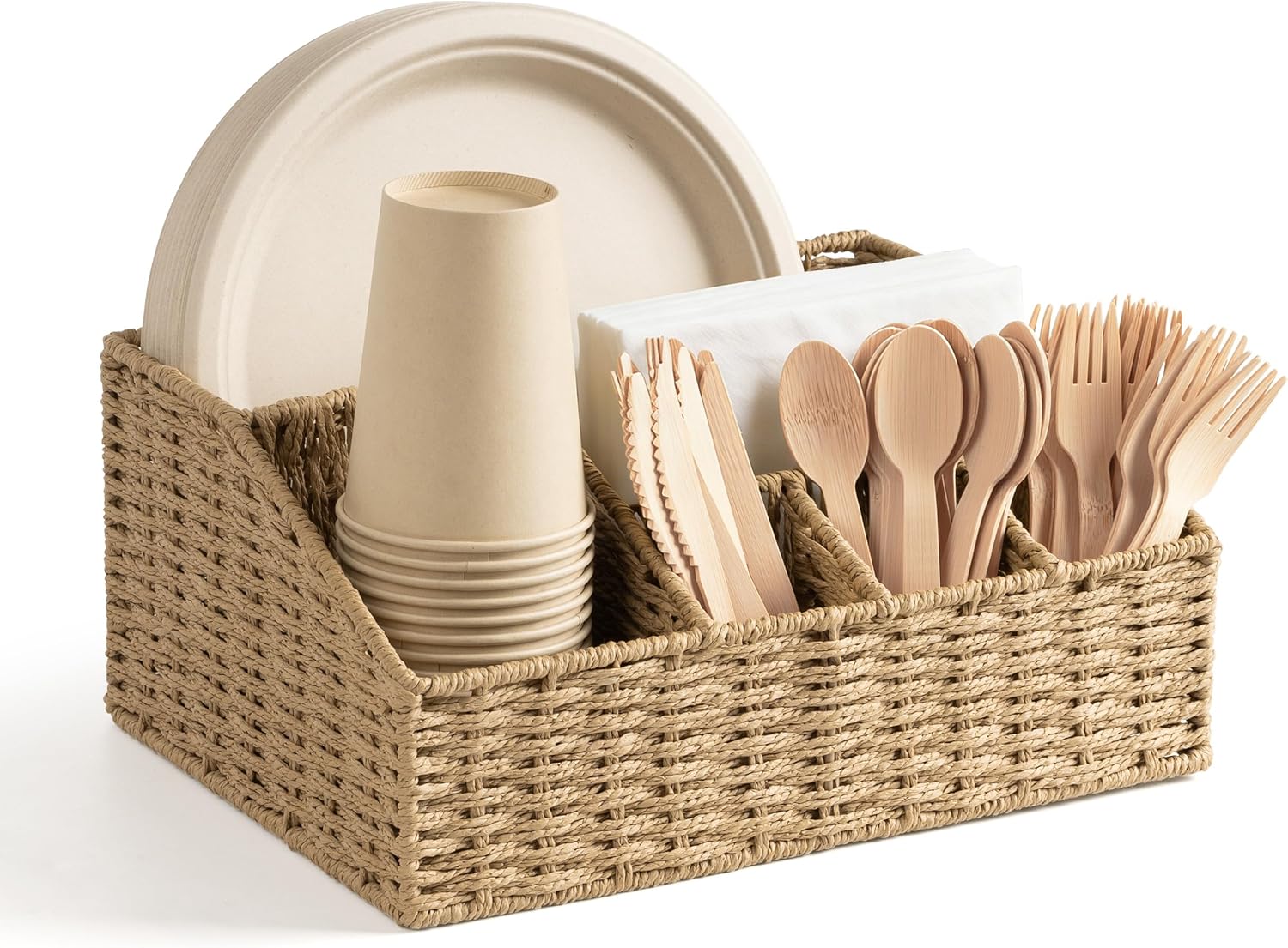 AELS Woven Paper Plate Dispenser & Utensil Holder for Party, Rustic Countertop Storage Basket for Disposable Plates (7-12 Inch) & Paper Cups (8, 12, 16oz), Napkins, Forks, Knives, Spoons