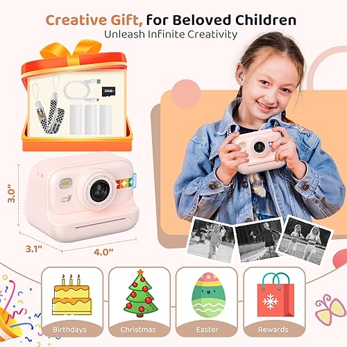 Miniatura 3 de Cámara de impresión instantánea para niños, regalos de cumpleaños para niñas y niños de 3 a 12 años, cámara de video 1080P para niños, ideas de