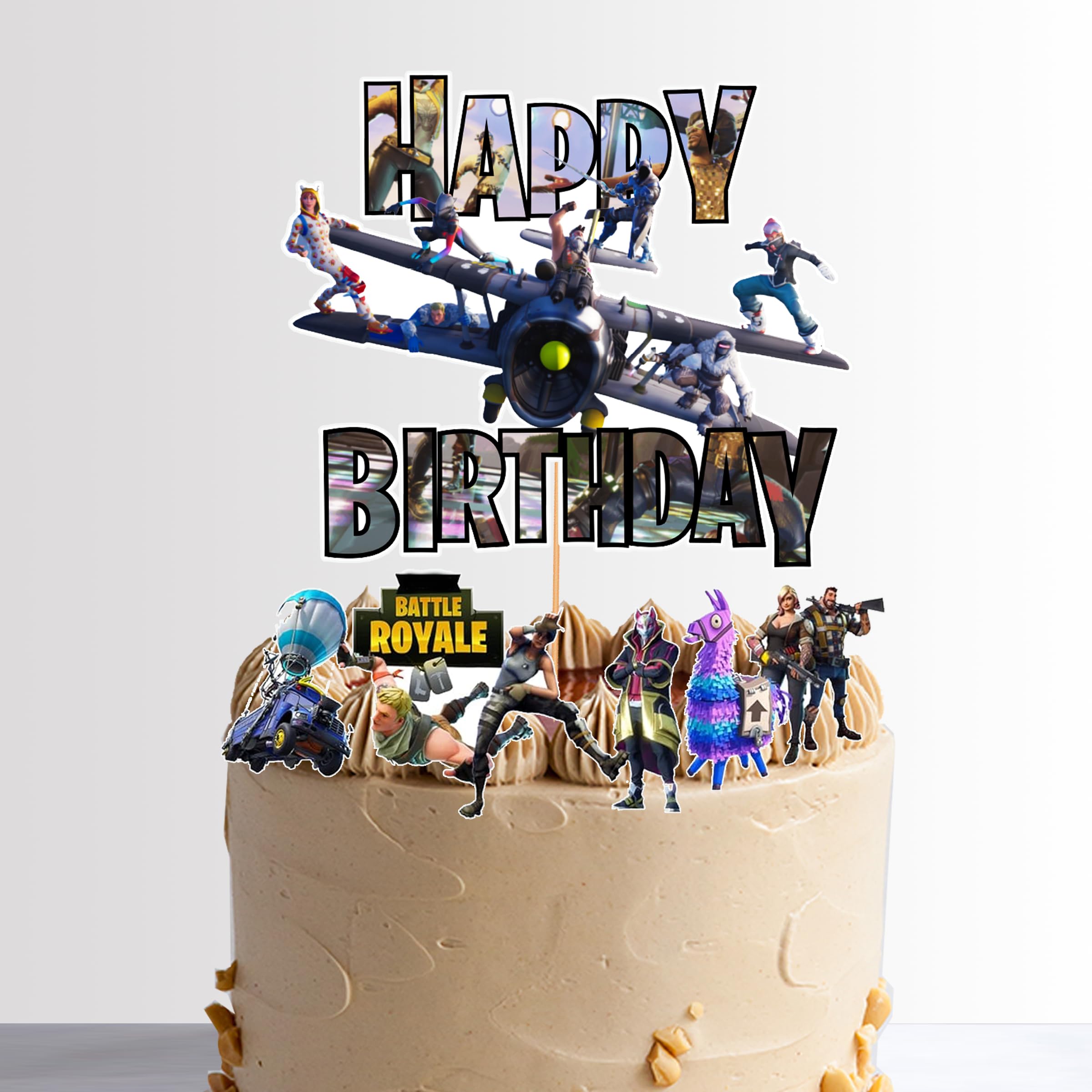 Video Game Happy Birthday Cake Topper 15cm + 7 Characters + Wafer Paper Badge Party Supplies Decoration Supplies for Kids Adults Girls Boys
