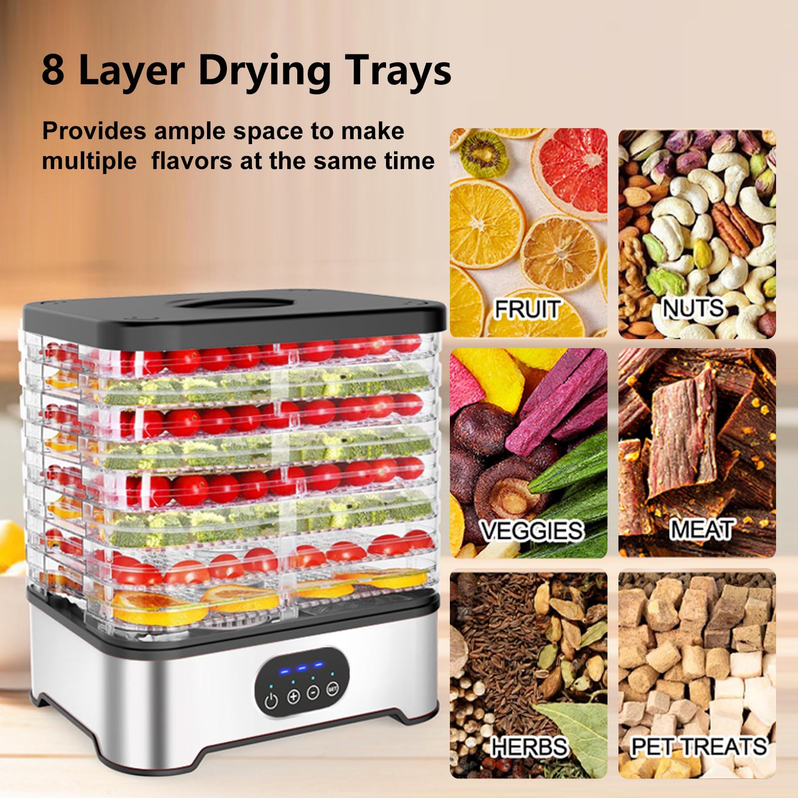 Deshydrateur Alimentaire 16L,8 Plateaux, Minuterie de 72 Heures, Température Réglable de 42 °C à 70 °C, pour le Séchage de Viande, Légumes et Fruits