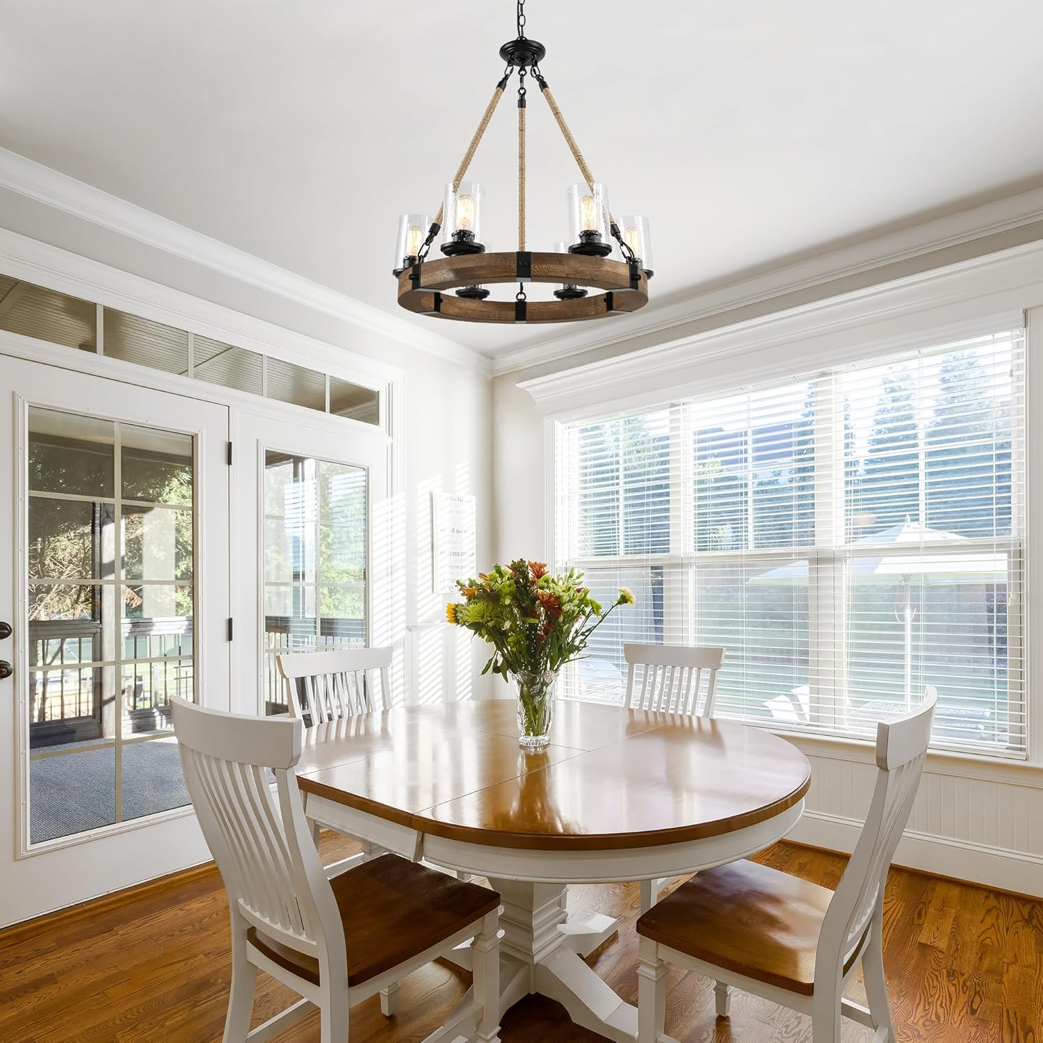 KSANA Farmhouse Chandelier for Dining Room, 6-Light Round Wood Wagon Wheel Light Fixture with Seeded Glass Shades for Kitchen Island & Living Room