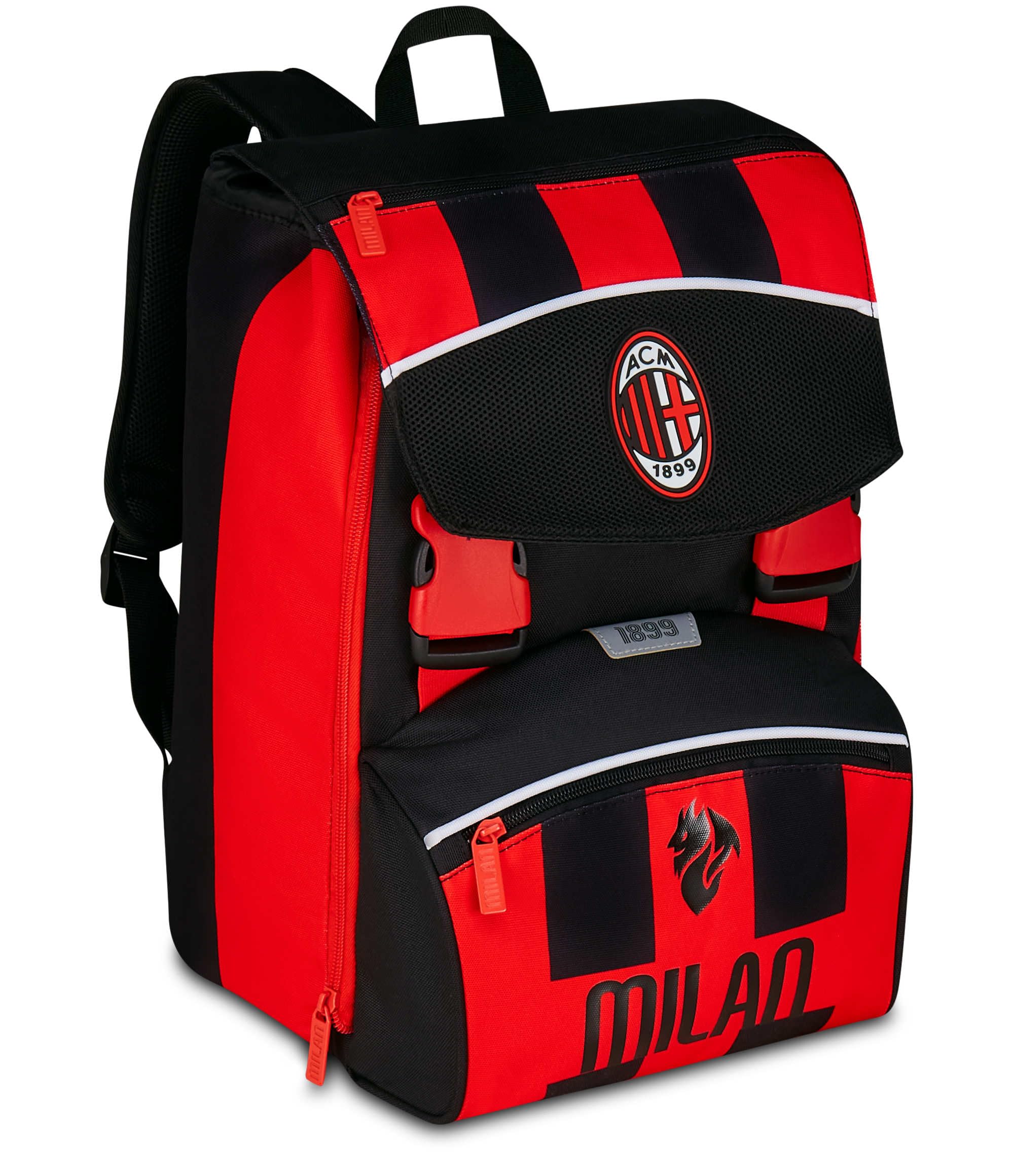 Seven Milan Zaino Doppio Scomparto Estensibile, Rosso e Nero, Squadra Calcio, Maxi Capienza, Schienale Preformato, Bambino, Scuola Elementare