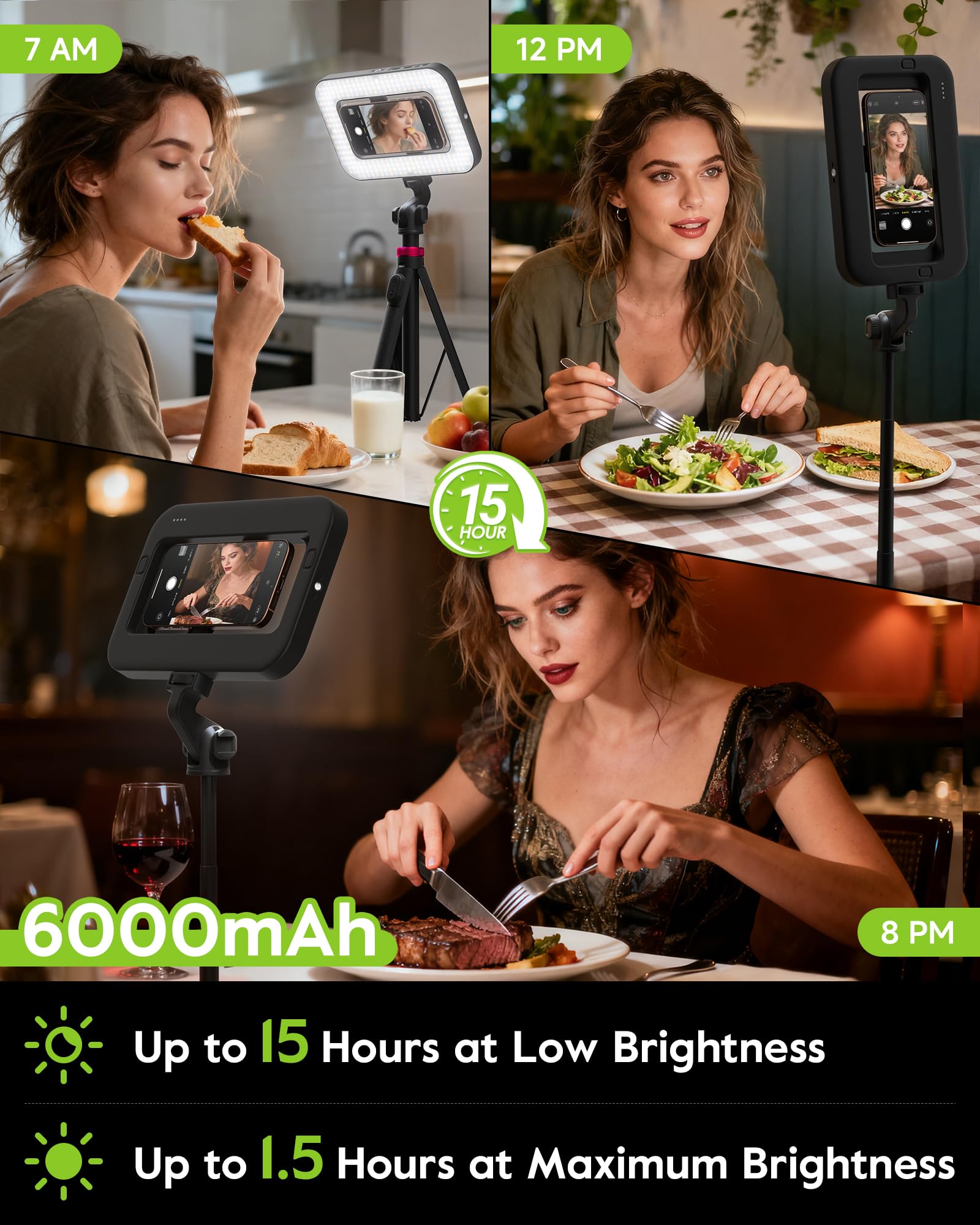 15W Ringlicht mit Stativ, 6000mAh Magnetisches Handy Stativ mit Ringlicht, 2500K–9000K Dimmbar, Tragbares Ring Light für Food Fotografie, Mukbang, Reise Vlog, Live-Stream, CRI＞95
