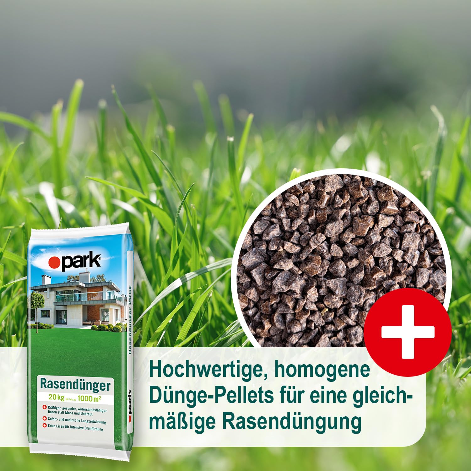 Park Rasendünger 20kg für bis zu 1000m², sorgt für einen gesunden, tiefgrünen und widerstandsfähigen Rasen statt Moos und Unkraut