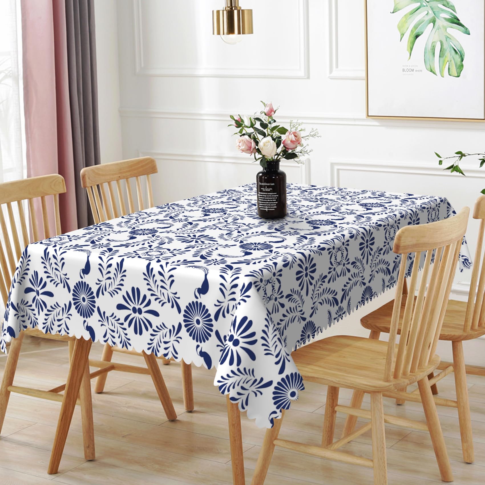 TTQYFNM 60x84inches Rectangle Tablecloth Blue and White Porcelain Floral Mexican Talavera Table Cloths Waterproof Fabric Table Cover for Kitchen