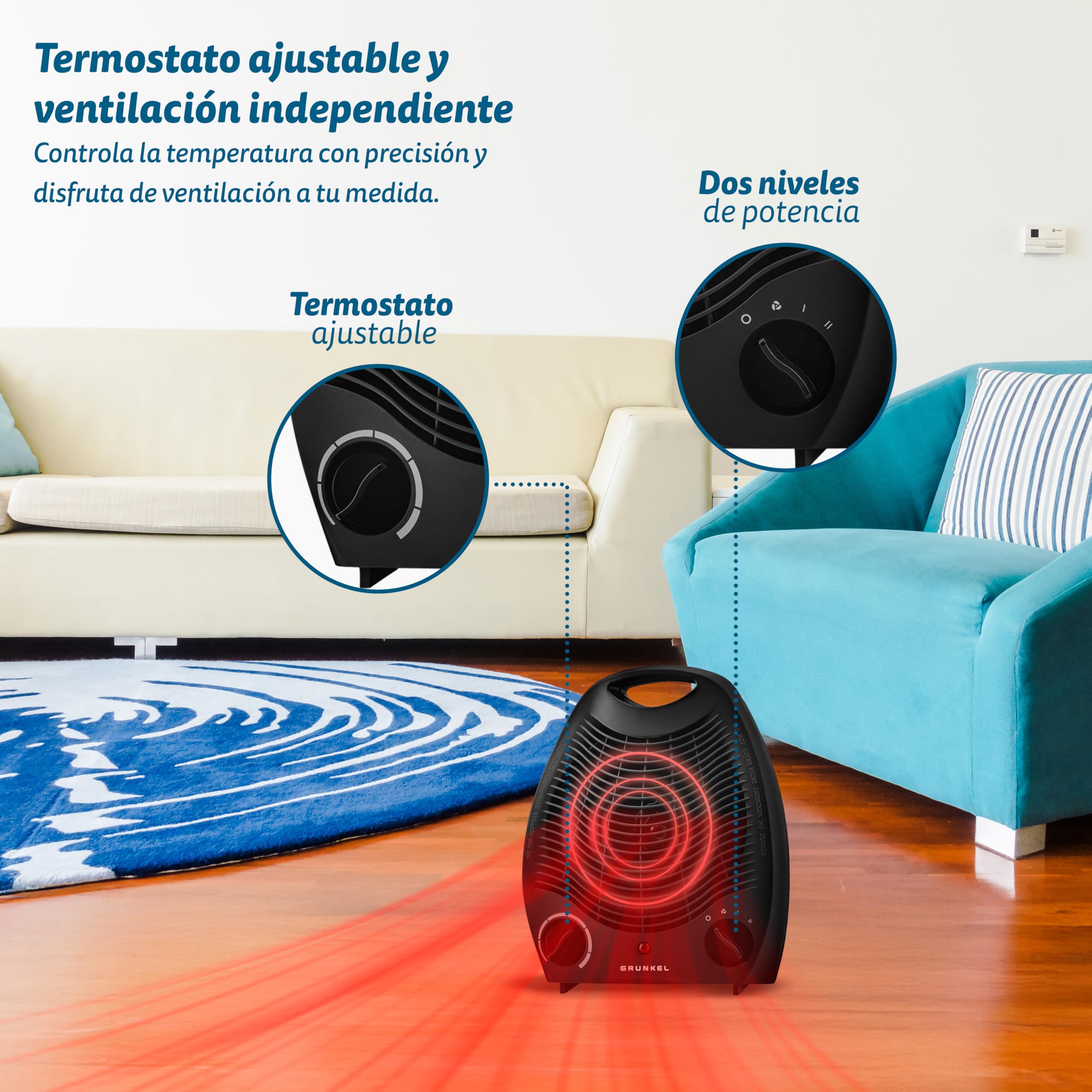 Calefactor de baño Grunkel de bajo consumo, hasta 2000W, 3 modos, 2 niveles de potencia, antivuelco y sistema de protección contra el sobrecalentamiento. Ligero y cable de 1m.