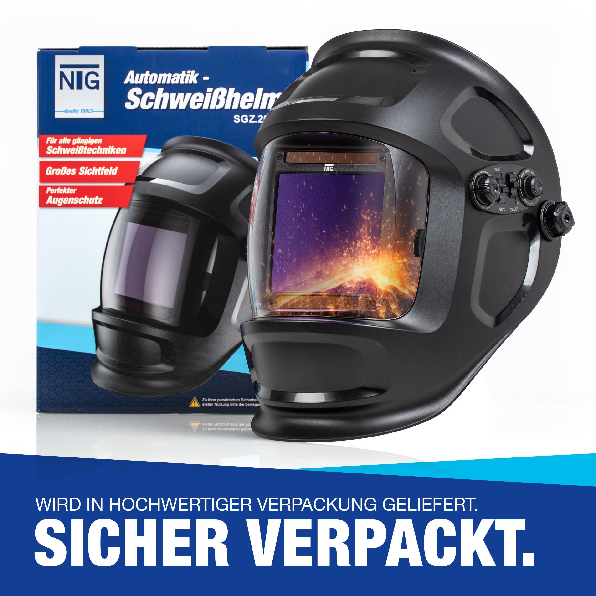 Automatik Schweißhelm NTG SGZ.2020 mit LY800F – 4 hochwertige Sensoren, Volleinstellbar Solar Schweisshelm für alle Schweißanwendungen für Schleifen, Schneiden, Schweißen