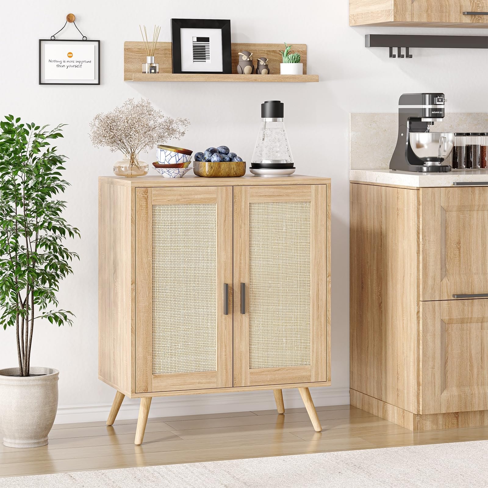(Similarity)Bed Bath & Beyond Sideboard Kitchen Storage Cabinet, Kitchen Coffee Bar Cabinet, Rattan Decorated Doors, Accent Cabinet