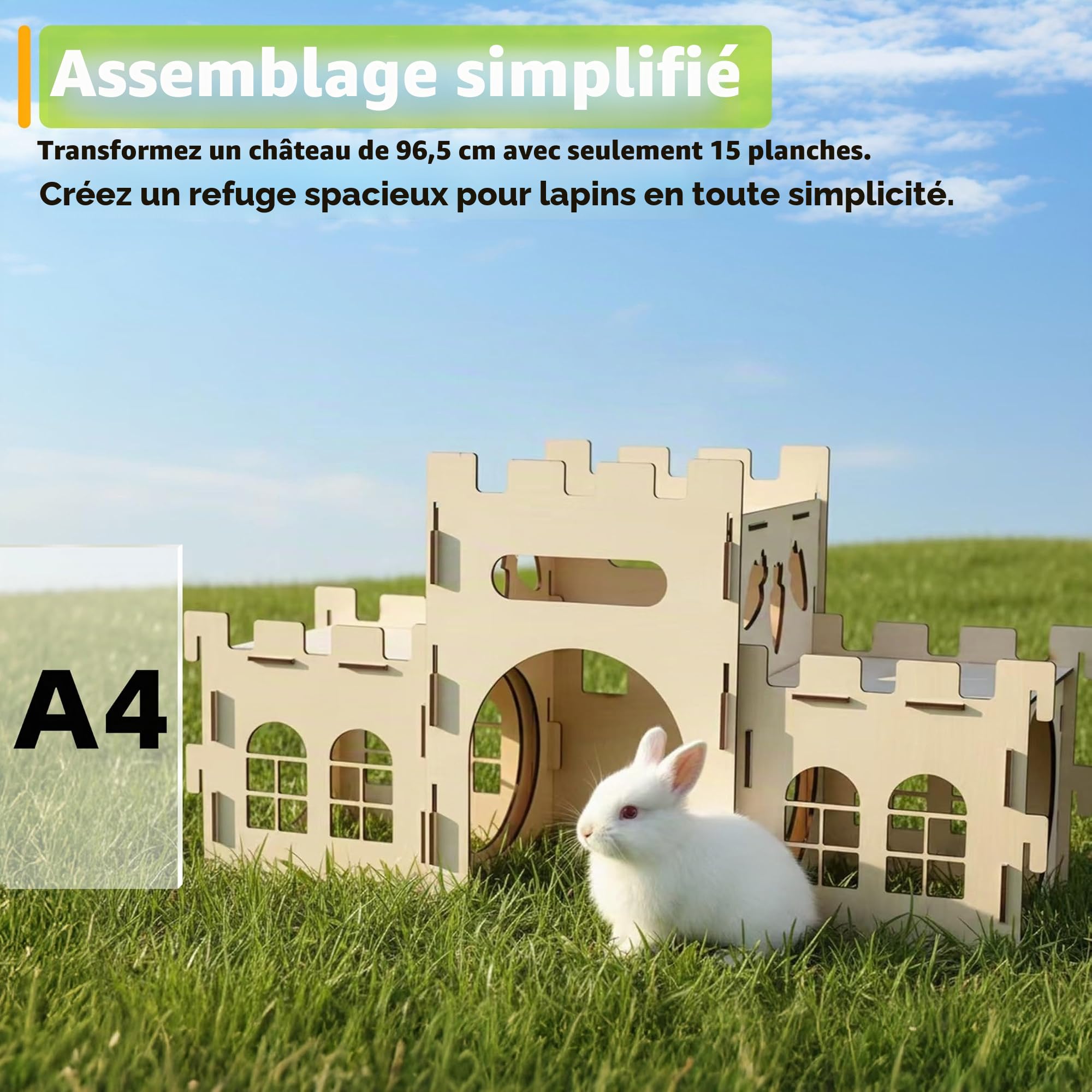 HIIMALEX Cachette de château de Lapin Extra Large pour l'intérieur - Balcon divisé pour Lapins - Tour d'escalade avec Tunnel - Maison Stable pour Lapins, furets, cochons d'Inde, Hamsters