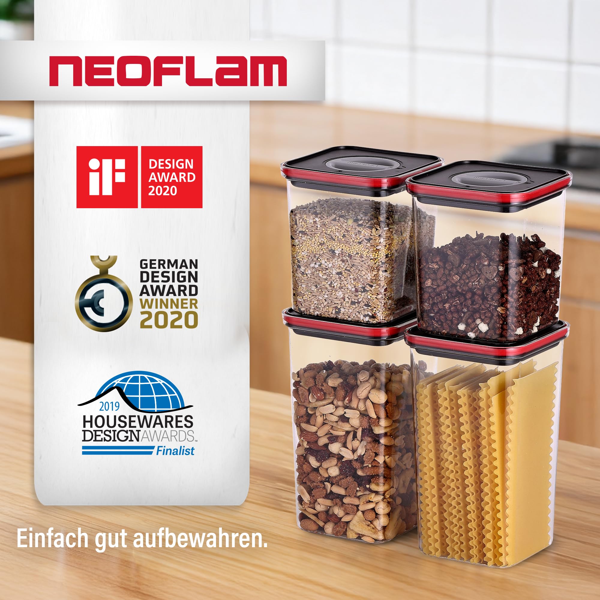 Neoflam Contenitori con coperchio, ermetici, set da 4 pezzi, senza BPA, con chiusura a vite con una sola mano, contenitori salvafreschezza per alimenti, coperchio nero, 2 x 1,35 l, 2 x 2,1 l