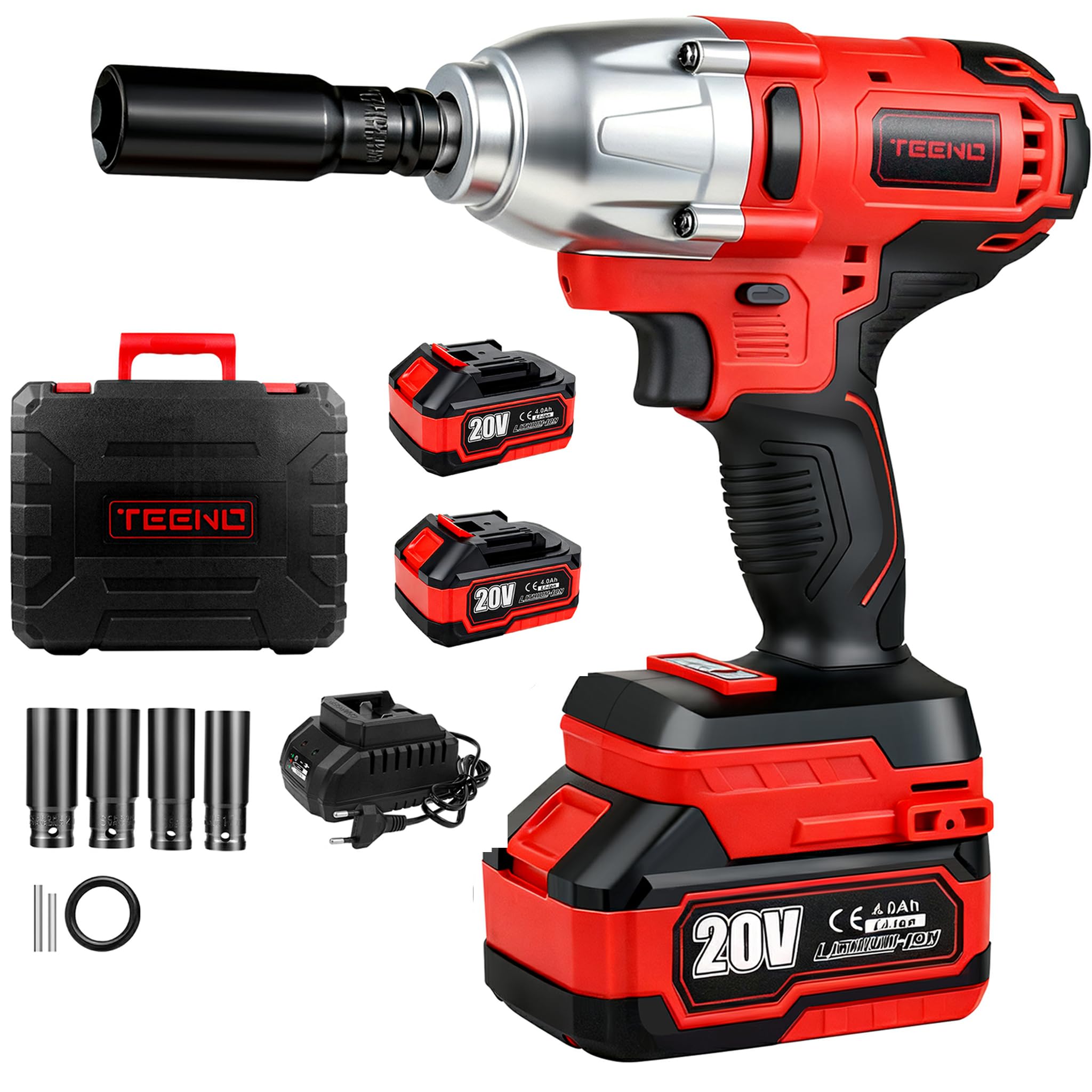 TEENO Clé à Chocs Sans Fil Brushless, Couple Maximal 600 Nm, avec Coffret, Mandrin 1/2" (13 mm), 4 Ugelli Inclus, pour Usage Automobile Intensif, Grands Travaux sur Chantier et Projets de Bricolage
