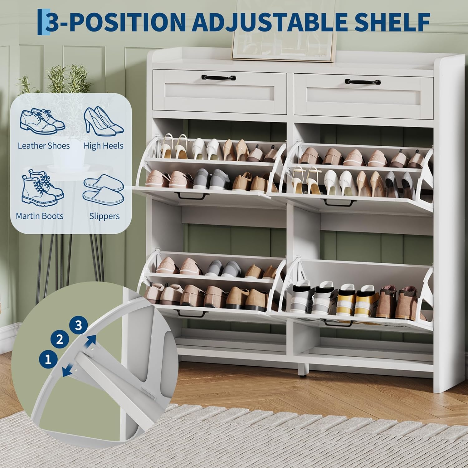 Shoe Cabinet with 4 Flip Drawers & 2 Top Drawers, Wooden Shoe Organizer Cabinet with Adjustable Shelf, Freestanding Shoe Storage Cabinets for Entryway, Hidden Shoe Storage for Hallway, Living Room