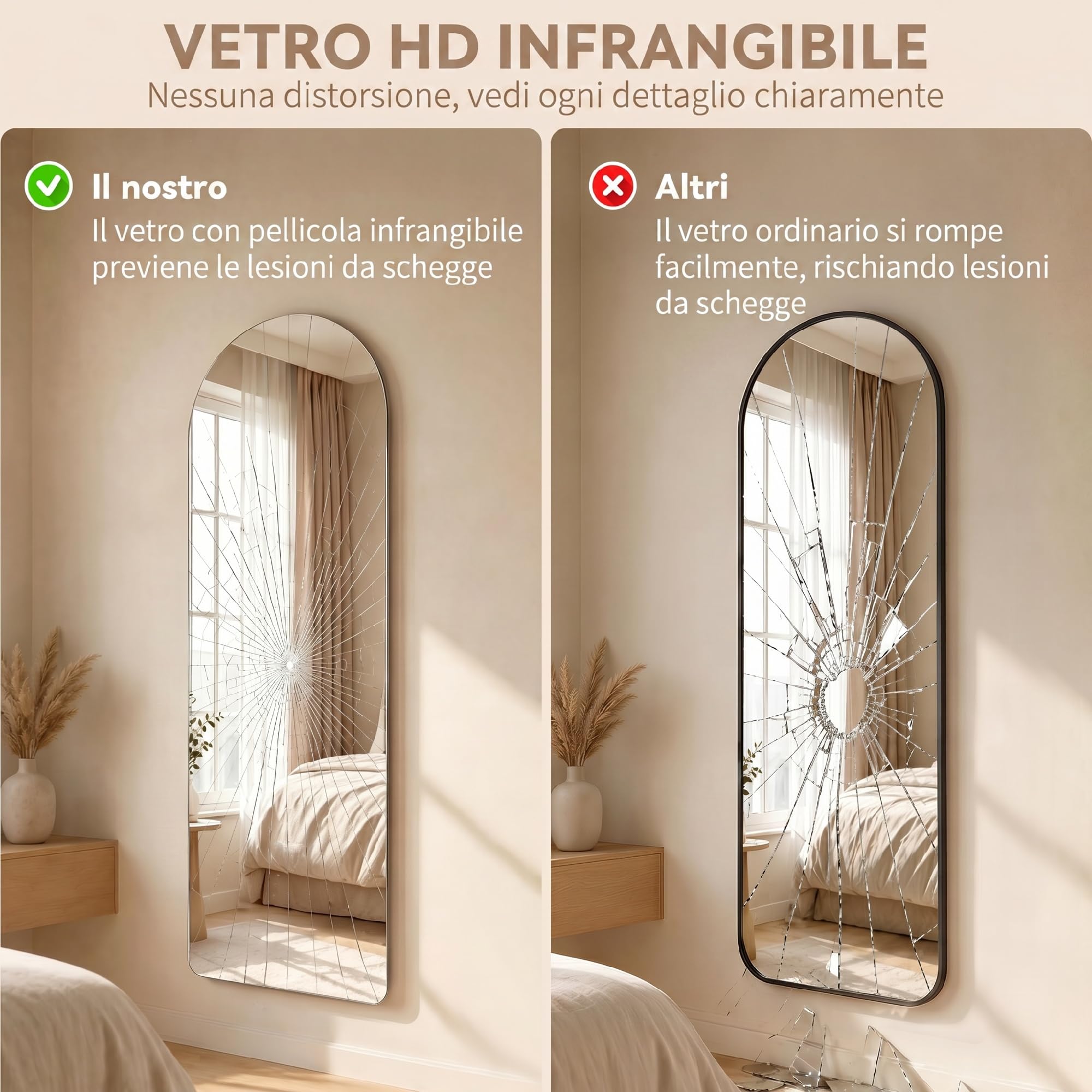HOMCOM Specchio da Parete ad Arco LED Regolabile 40x3x120 cm Trasparente | Illuminazione, Controllo Touch, Specchio Illuminato, Vetro Temperato, Funzione Memory