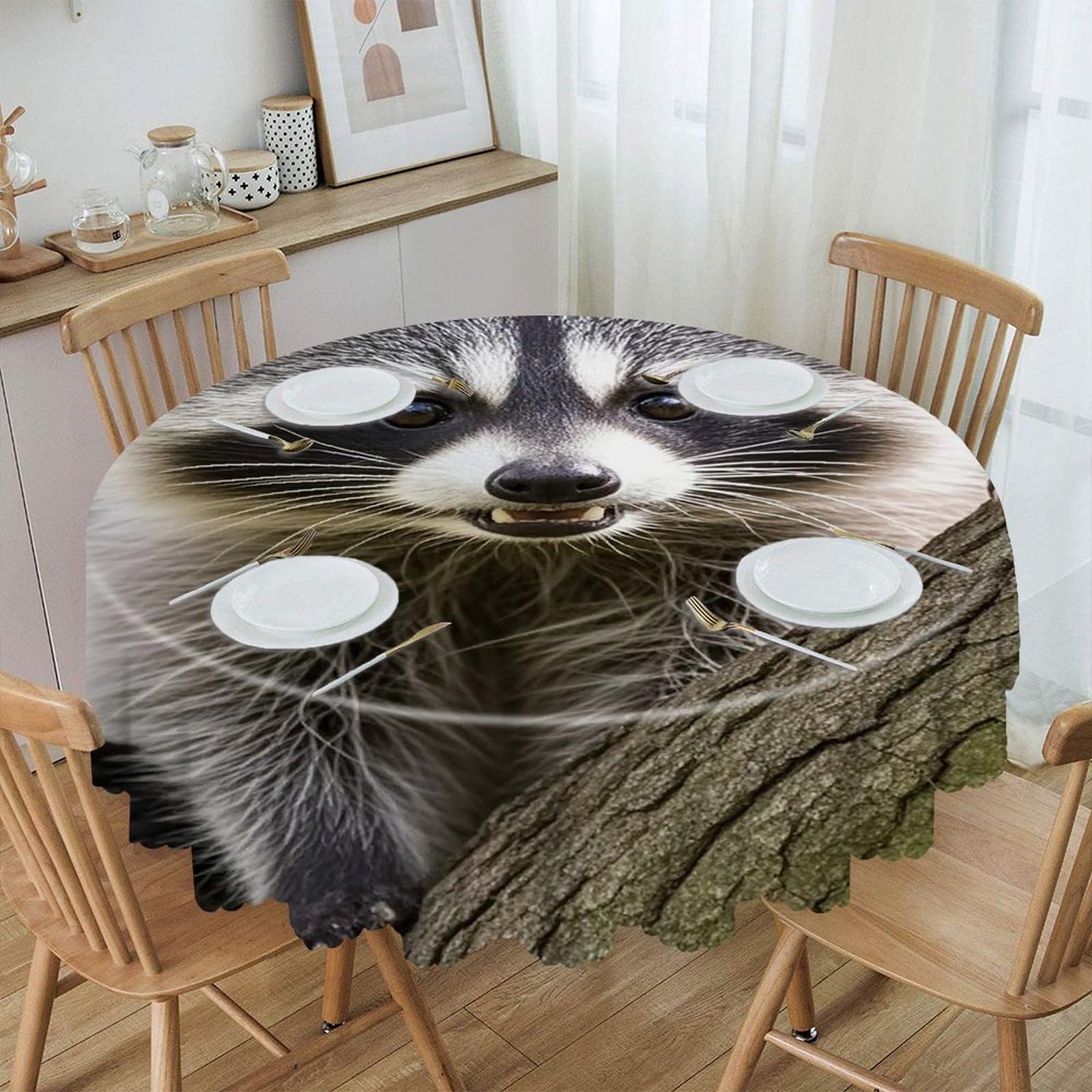 FekiLoot 60 Inch Round Raccoon Tablecloth Waterproof Heavy Duty Polyester Table Cloth Spill-Proof Wipeable Table Cover Decorative Circle Dining Tablecover for Party Outdoor