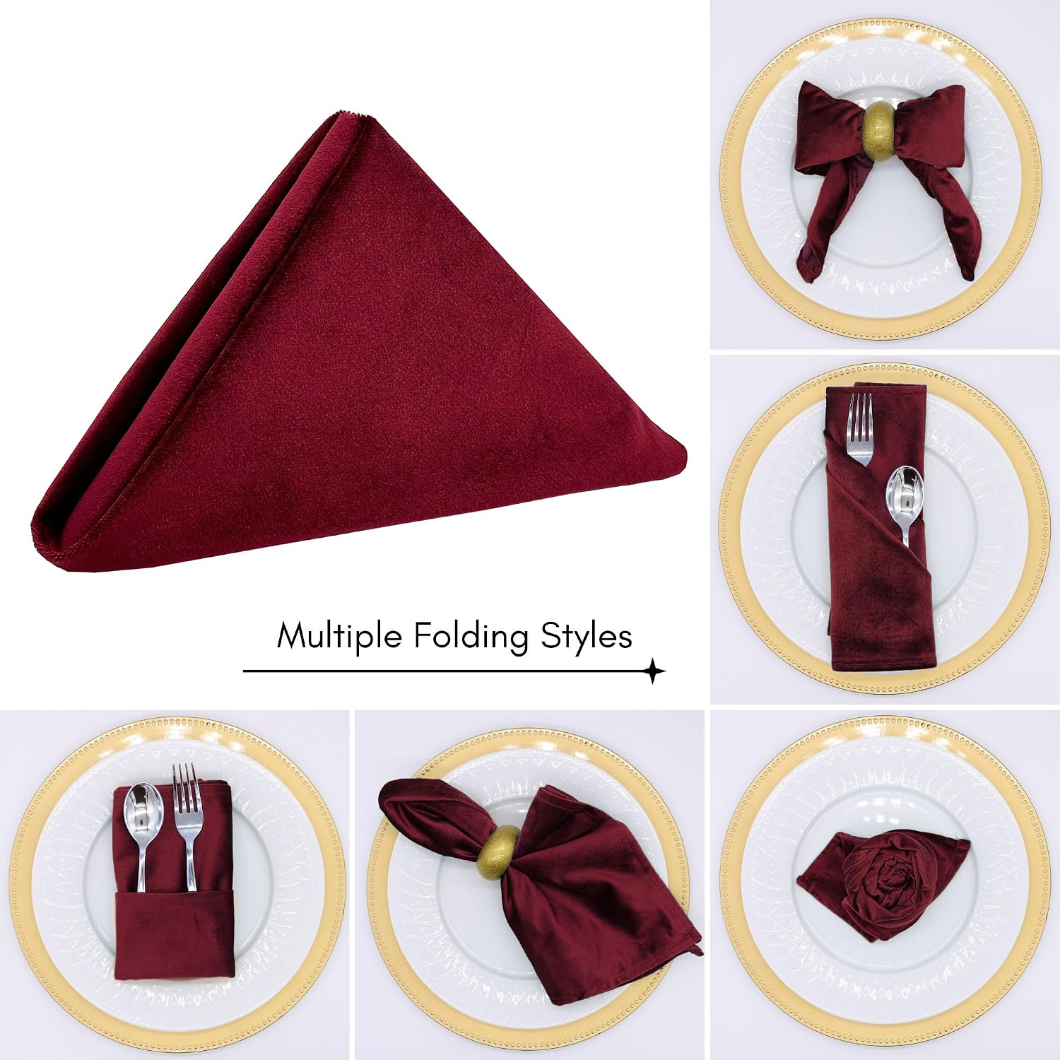 Your Chair Covers - (Pack of 10) 20 Inch Square Velvet Cloth Napkins, Oversized, Double Folded and Hemmed Table Napkins for Restaurants, Bistro, Wedding, Thanksgiving and Christmas - Burgundy