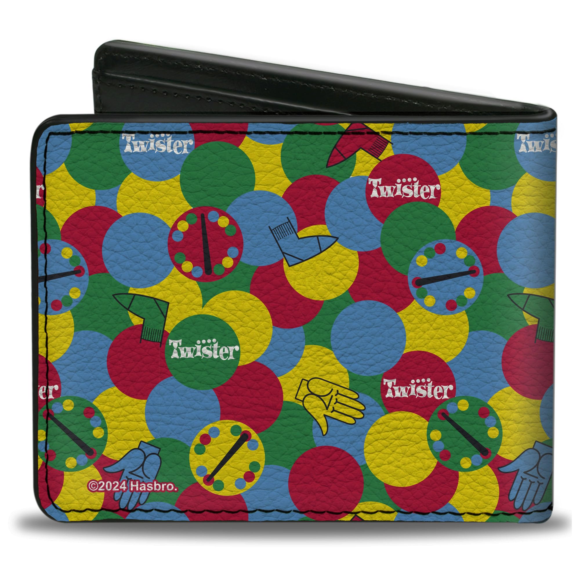 Buckle-Down Hasbro Wallet, Bifold, Twister Game Icons and Circle Spots Stacked Multi Color, Vegan Leather
