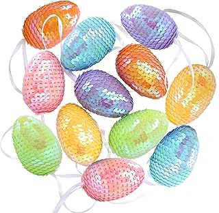 Whaline Easter Hanging Eggs Multicolor Glitter Sequins Easter Egg Ornament Plastic Easter Egg Tree Hanging Decoration for Home School Office Spring Party Supplies Basket Stuffer Filler, 12Pcs