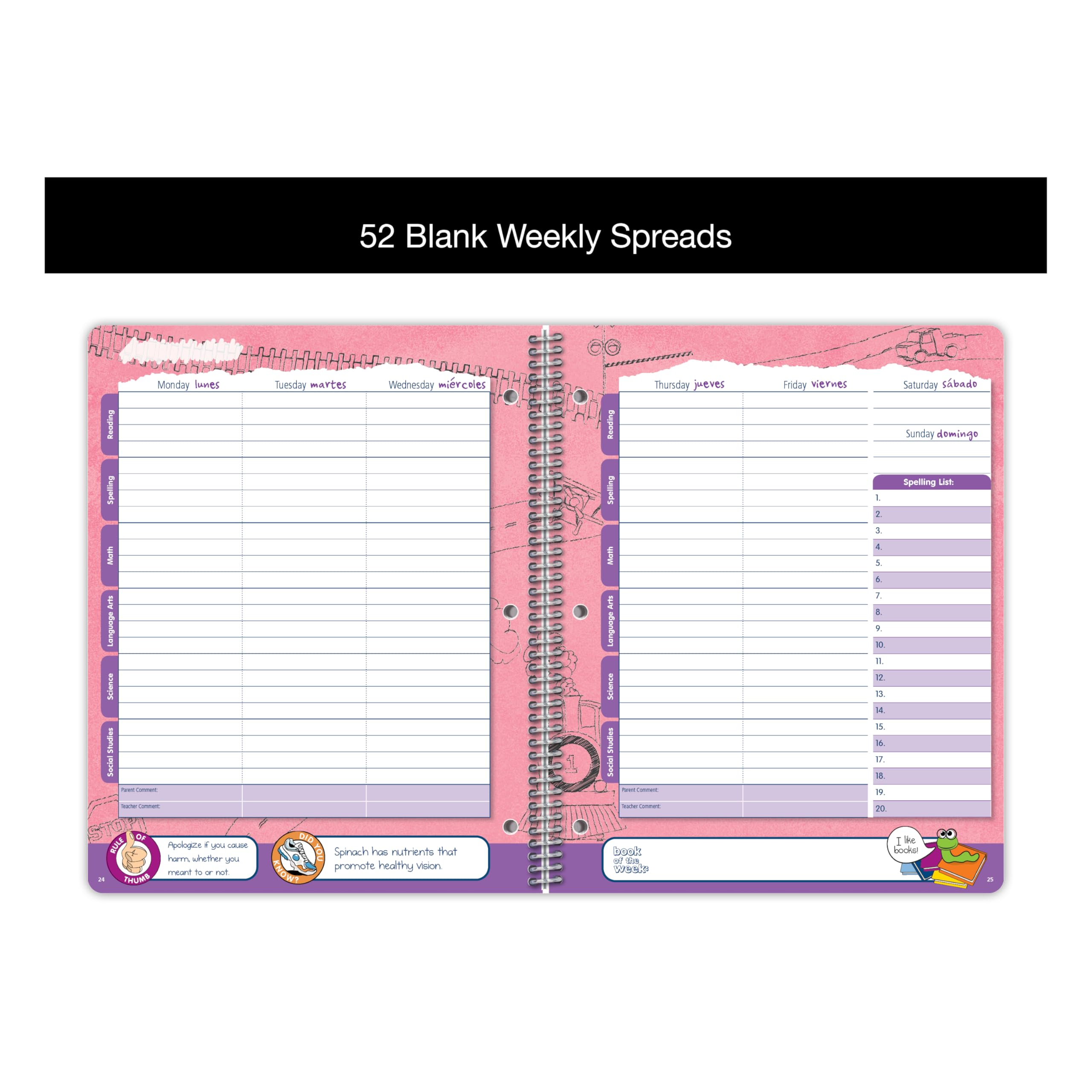 Planificador estudiantil sin fecha para niños de primaria, agenda de tareas, 8.5 x 11 pulgadas School Datebooks