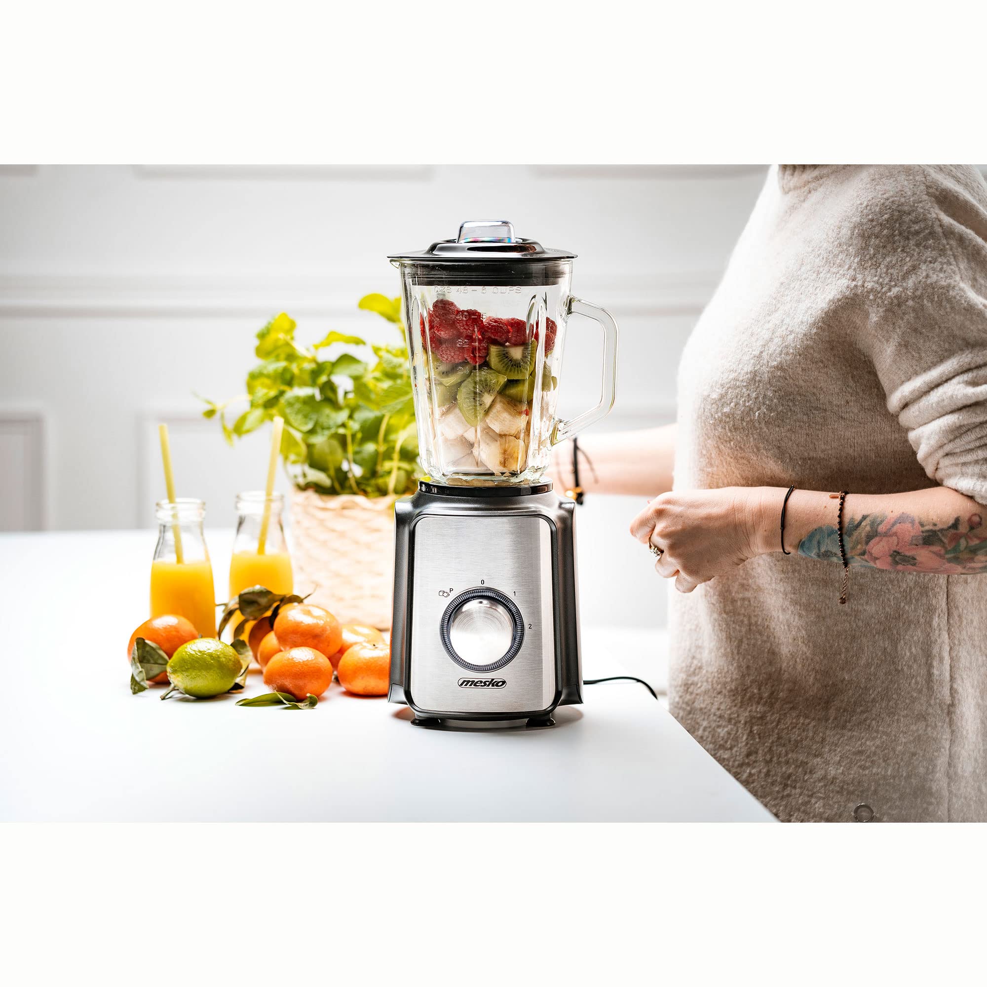 Mesko MS4080 Frullatore 1,5L Vaso di Vetro, Tritaghiaccio, Potenza 1200W, Smoothie/Frutta, Blender 2 Velocità + Funzione Pulse, Lame in Acciaio Inox