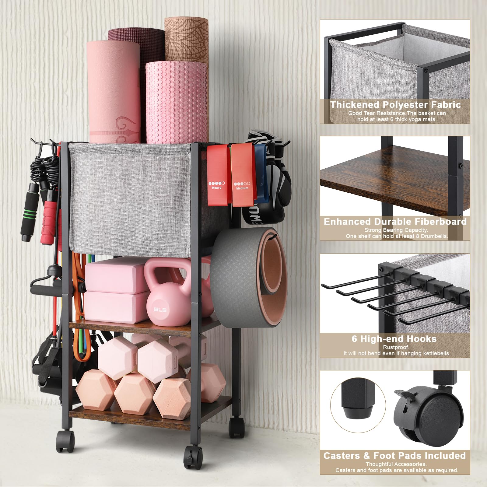 Bikoney Porte Tapis de Yoga et Organisateur de Fitness, Rangement d’Accessoires de Sport pour Salle de Gym à Domicile, Support Polyvalent pour Équipement d’Entraînement