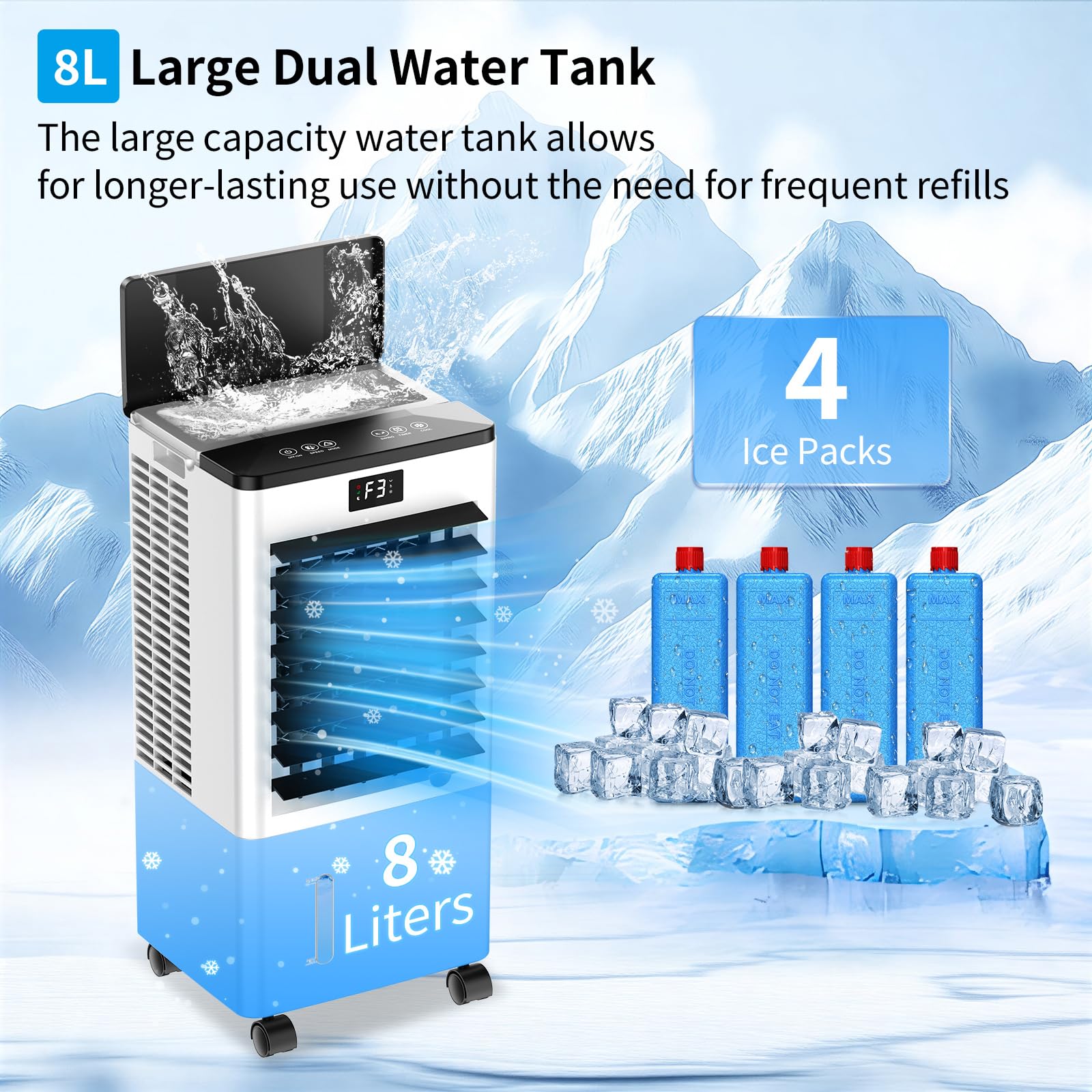 Climatiseur Mobile, 3 Modes & 3 Vitesse, Minuteur 12H, 4 Boîtes des Glacières, Grand Réservoir d'Eau, Fonction d'Oscillation, 60W Refroidisseur d'Air Évaporation avec Écran pour Chambre Bureau